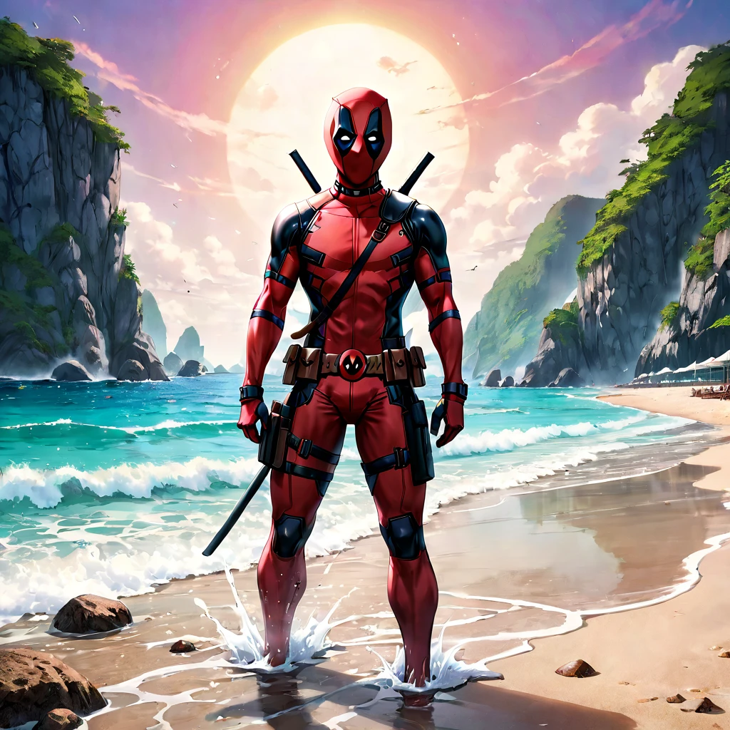 beach parties, aesthetic, extremely detailed, Deadpool tanning on the beach, detailed matte painting, deep color, fantastical, intricate detail, splash screen, complementary colors, fantasy concept art, 8k resolution trending on Artstation Unreal Engine 5, (best quality, 4k, 8k, highres, masterpiece:1.2), ultra-detailed, (realistic, photorealistic, photo-realistic:1.37), HDR, UHD, studio lighting, extreme detail description, professional, vivid colors, bokeh, beach, portraits, landscape