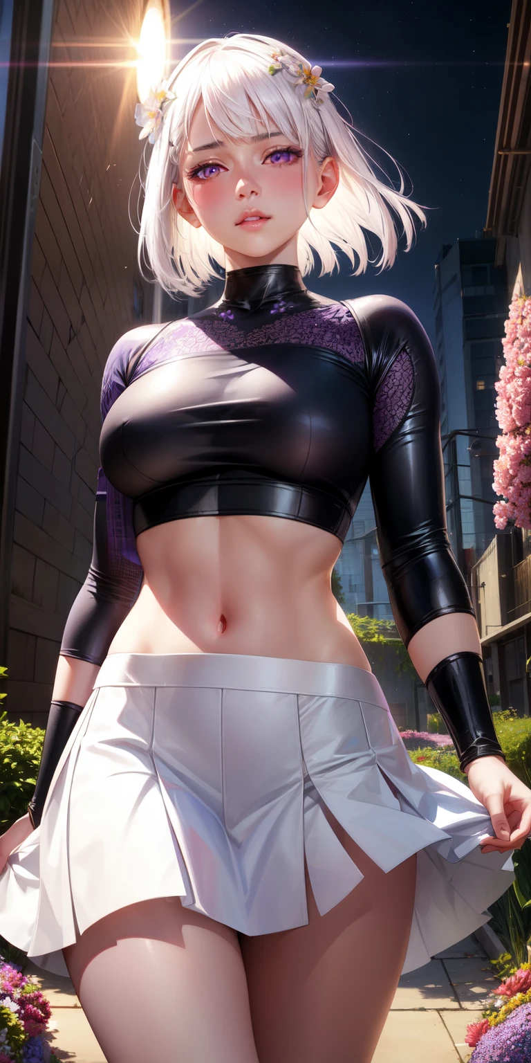 realistic, 1girl, white hair, purple eyes, glowing eyes, crop top, skirt, parted lips, blush, night, flowers, sun, sunlight,