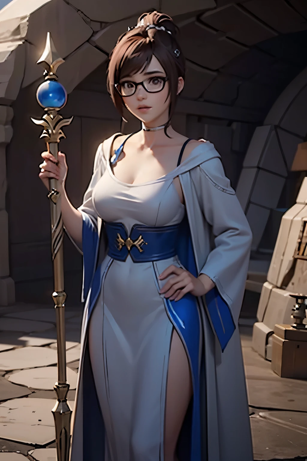 3d renders, octane renders, (unreal engine), owmei, ((sorceress robe)), hd, 1girl,masterpiece, ((inside cave)), ((holding magic staff)), fantasy settings, game character, concept art, wearing glasses, ((fantasy isekai world)), dark dress, close up