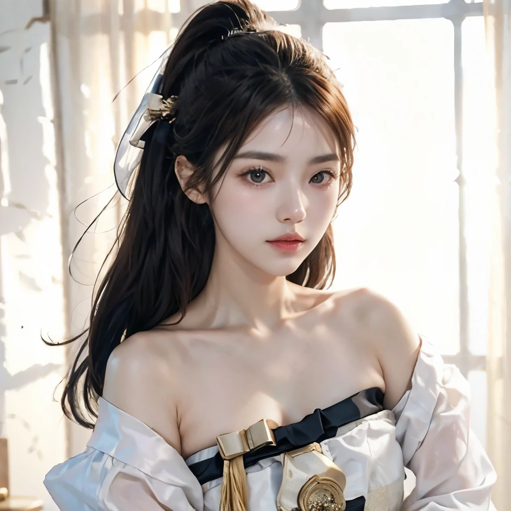 (1 Korean woman), prostitute, shoulder exposure, cleavage exposed, Han bok, portrait, Focus on upper body and face, black hair, Beauty, perfect face, perfect body, ultra high definition, ultra detail, 8K