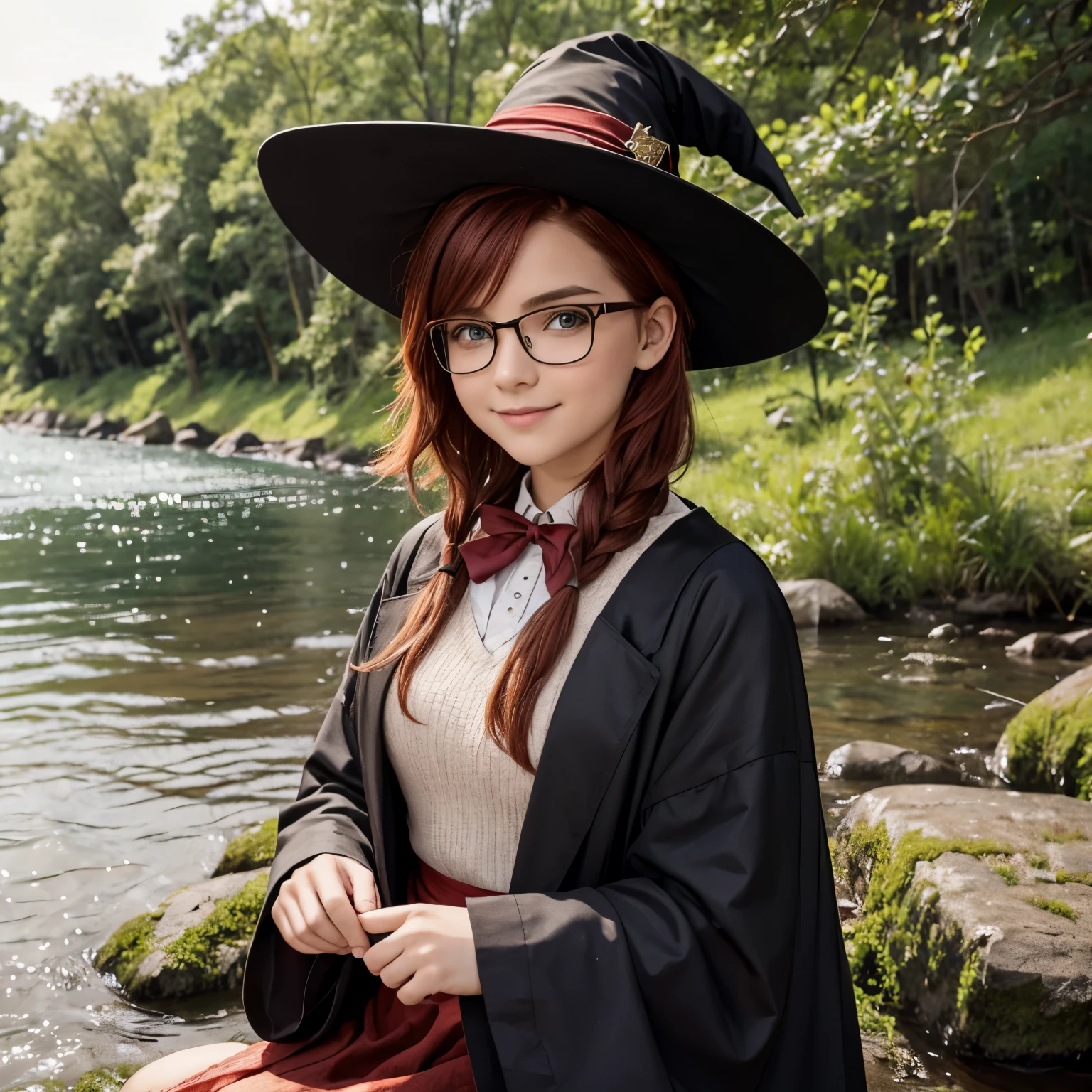 Short, Red hair, green eyes, smiling witch wearing metal-framed glasses, wearing a pointed hat sits on the river bank