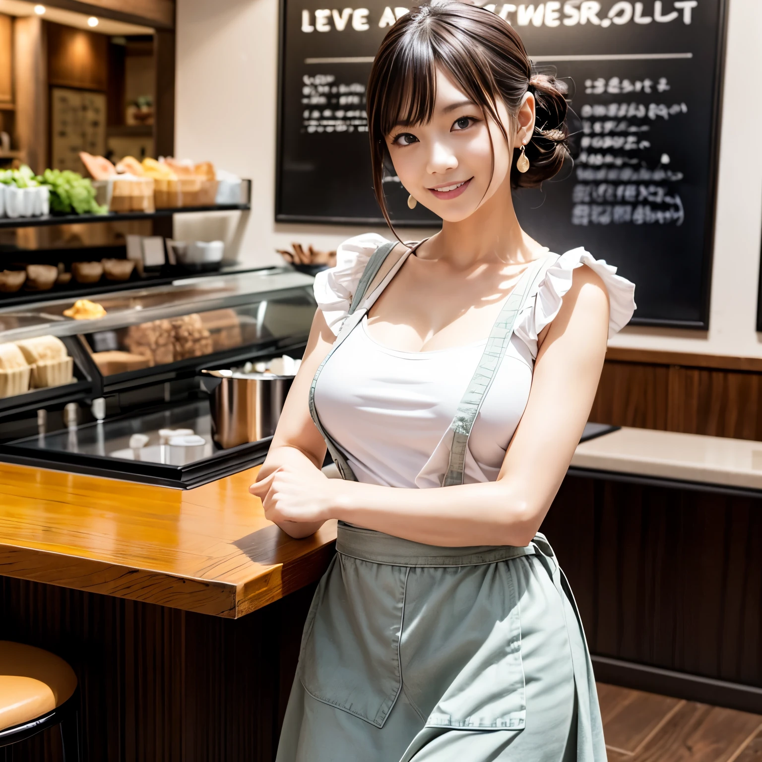 (realistic、Like a photograph、live action、8k, Photoreal, RAW photo, best image quality: 1.4), Single-lens reflex camera、RAW photo, highest quality, realistic, Highly detailed CG Unity 8k wallpaper, Depth of written boundary, cinematic light, Lens flare, ray tracing, realistic background、((high waist jumper skirt)、cafe staff uniform:1.4、blouse、Cafe Staff、Wearing clothes that emphasize the size of your breasts:1.3、apron、big breasts)、Random hairstyle with pink inner color:1.2、medium hair、Hair is up、working at a cafe:1.4、((super dense skin))、 1 female,cute japanese woman、waitress at work、((whole body:1.5),looking at the viewer:1.1、Business Smile、i like the style、pay attention to details、perfect costume、earrings、(white skin)、accurate portrait、accurate arm、accurate legs、beautiful legs、Precise thighs