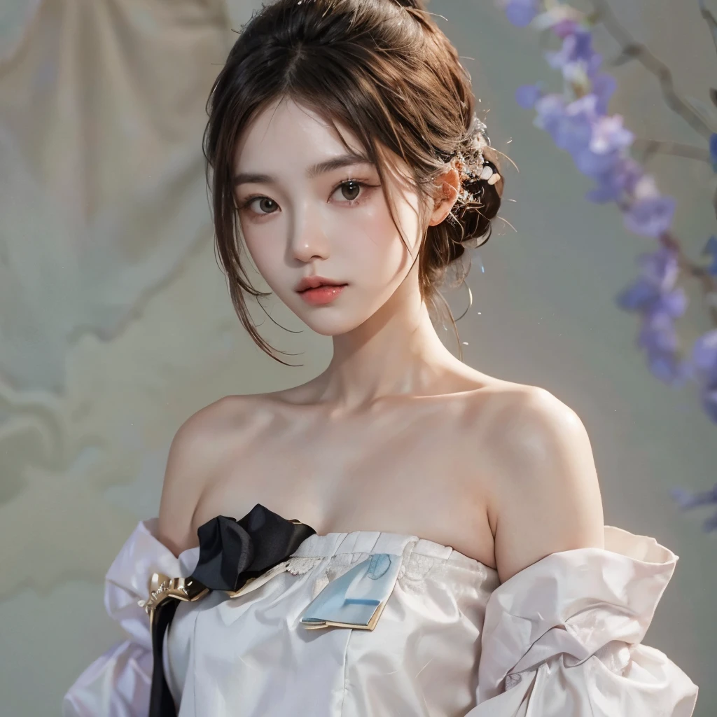 (1 Korean woman), prostitute, shoulder exposure, cleavage exposed, Han bok, portrait, Focus on upper body and face, black hair, Beauty, perfect face, perfect body, ultra high definition, ultra detail, 8K