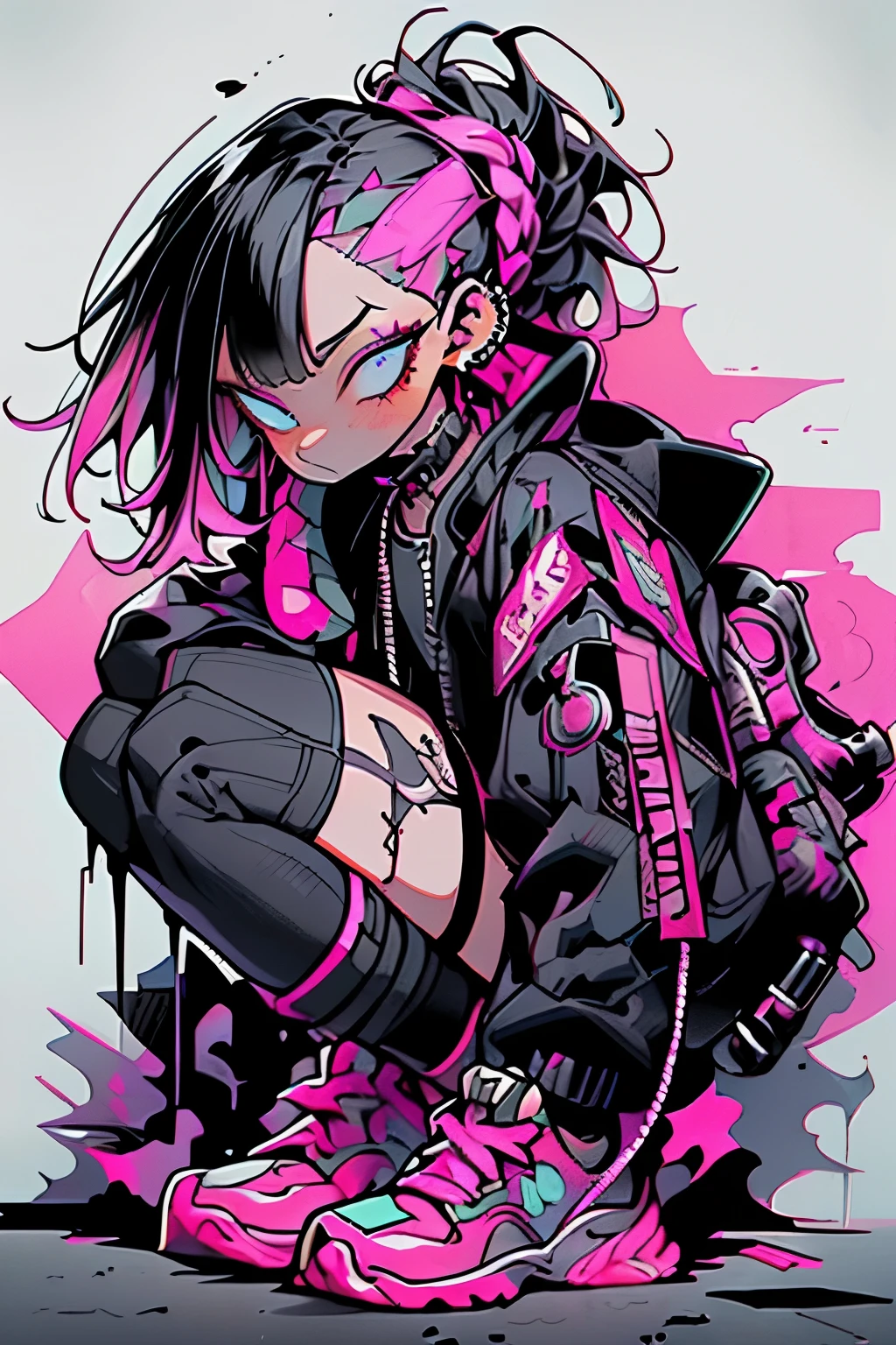 Step Piece, Best Quality, Best Illustration, Ultra-detailed,girl, pinkrose long hair, crazy baddie girl, Cool Black Open Short Jacket, neck tattoo, Messy Fade Cut Hair, Side braided hair,Crazy, standing with an eerie feeling, abandond street graffiti wall background,knee high socks, quirky sneakers, Eyeshadow on the eyes,unusual colored eyes, Eyes of fear, Vivid eyes, cool shot