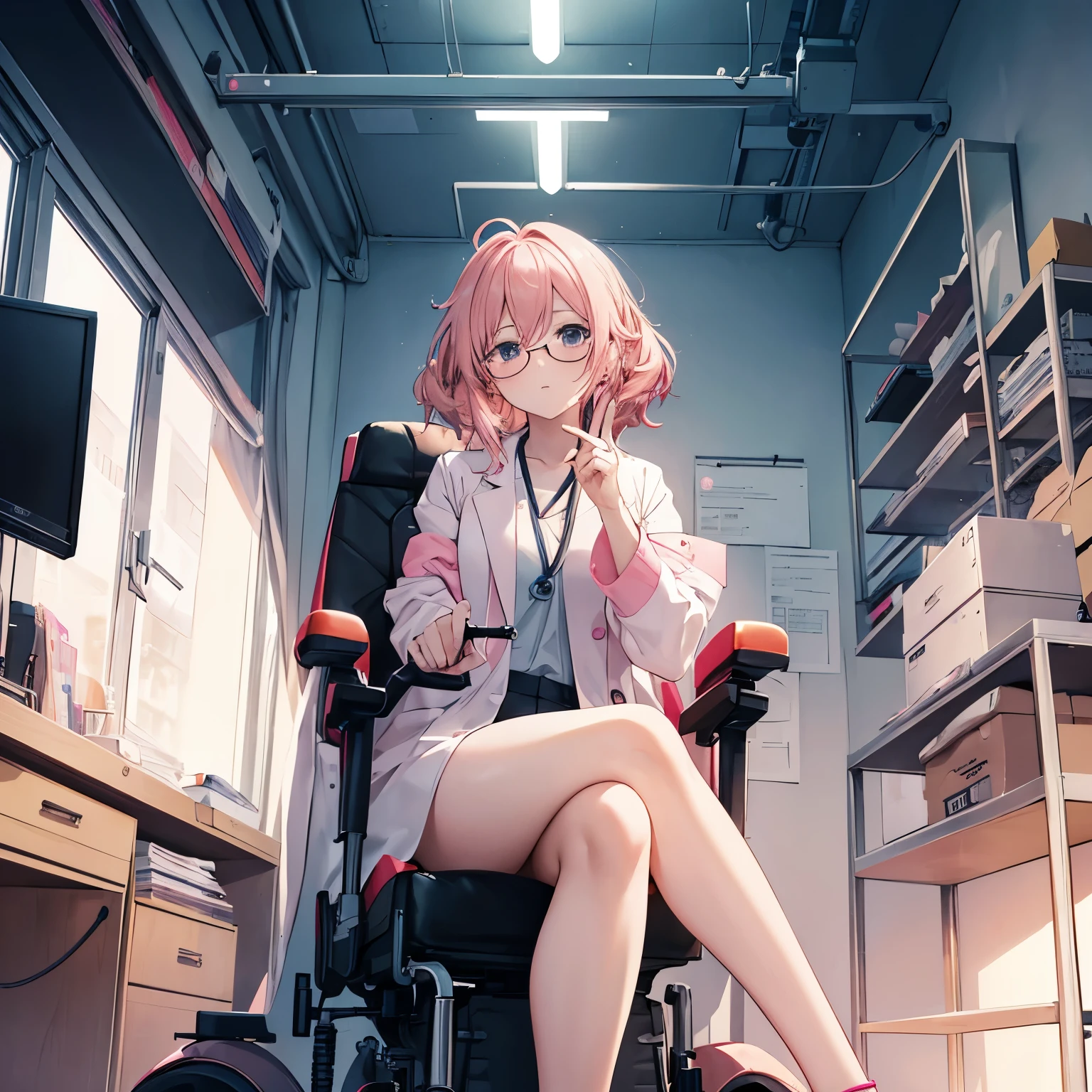 ((masterpiece)), ((highest quality)), ((High resolution)), ((finely)),anime illustration,medium shot,messy pink hair,Female doctor wearing round glasses,Oversized lab coat,sit in electric wheelchair,raise your index finger,Scenery inside the laboratory,put your hands between your legs