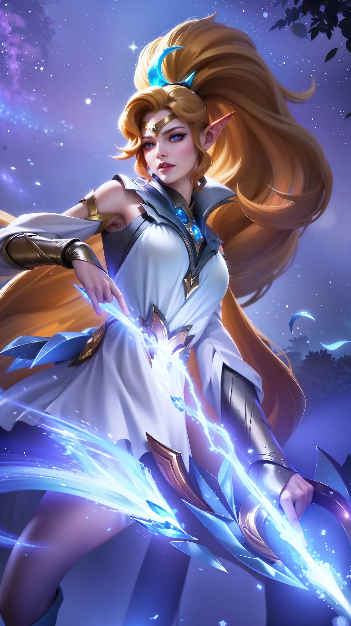 (female:1.2), 8k, ultra hd, ultra detailed texture, hyper realistic, masterpiece, detailed texture, detailed face, detailed skin, detailed lighting, (photorealistic:1.5), best quality, beautiful lighting, cinematic lighting, professional lighting, ultra highres, realistic, detailed hair, real hair, high quality, (realskin:1.5), extremely detailed, finely detail, ultra-detailed, 1girl, solo, elf, pointy ears, standing, demon horns, forehead protector, (red eyes:1.5), v-shapped eyebrow, lips, red lips, evil smile, nose, make up, pretty, beautiful, cute face, long hair, blue hair, high ponytail, large breasts, cleavage, armpit, navel, stomach, black armor, pauldrons, bare shoulders, shoulder armor, thigh high, sleevless, detached sleeves, breastplate, gauntlets, karina \(mobile legends\), depth of field, looking aways, white skin, skin tight, amazing pose, outdoors, glowing, dark view.