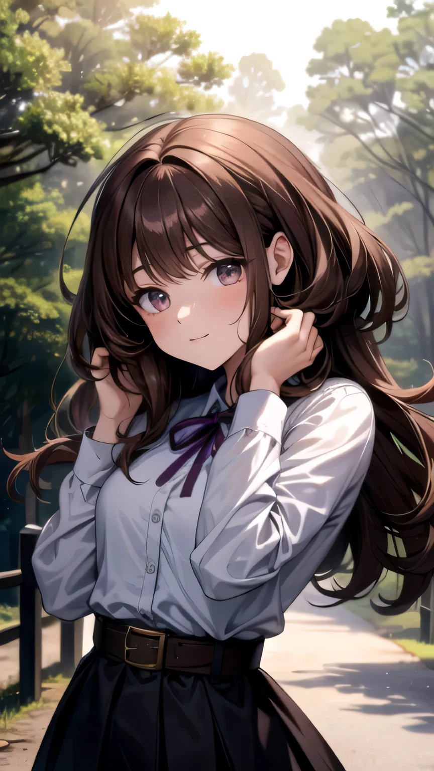 (1 girl), Masterpiece, best quality, Very detailed illustrations, The is so cute.., The face is beautiful and very detailed.., Look at the viewer., 1 girl, belt, close up, Look at the viewer., 4k, high resolution, ribbon, forest fog, Blush, throw, Twin hair, white background, simple background, Thick outline, purple eyes, (sleep), brown hair, chibi, expression of love,  ((brown hair)), (blood),