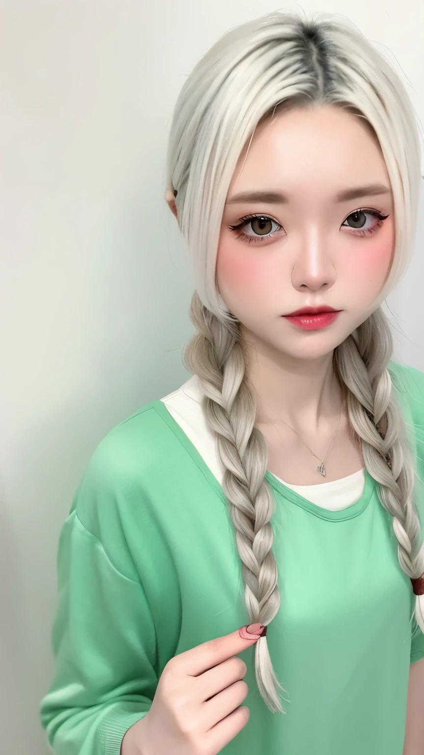 A girl standing in front of a white wall with a bouquet of flowers,14talent,cute face,silver hair,french braid,thin body, wearing blue-green clothes, with flowers,An ennui look, green clothes, photo shoot, enters smoothly _ With background, ロフィガールのaesthetics, 🤤 girl portrait, beautiful!!, wears long flowing clothes, casual pose, aesthetics
