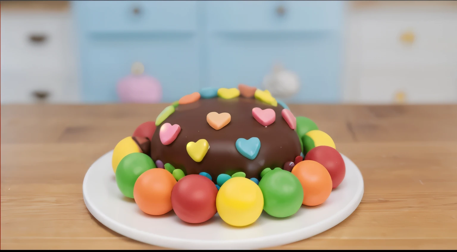 on a wooden table, on a white porcelain plate there is a tiny chocolate cake, around the cake there are tiny multicolored balls, on the cake are cookies in the form of hearts, cookies are attached with the help of green filling, between the cake and the balls there is also a green topping, realistic texture, realistic style, detailed texture, high quality, high resolution, high quality rendering, realistic photo, brightning light0