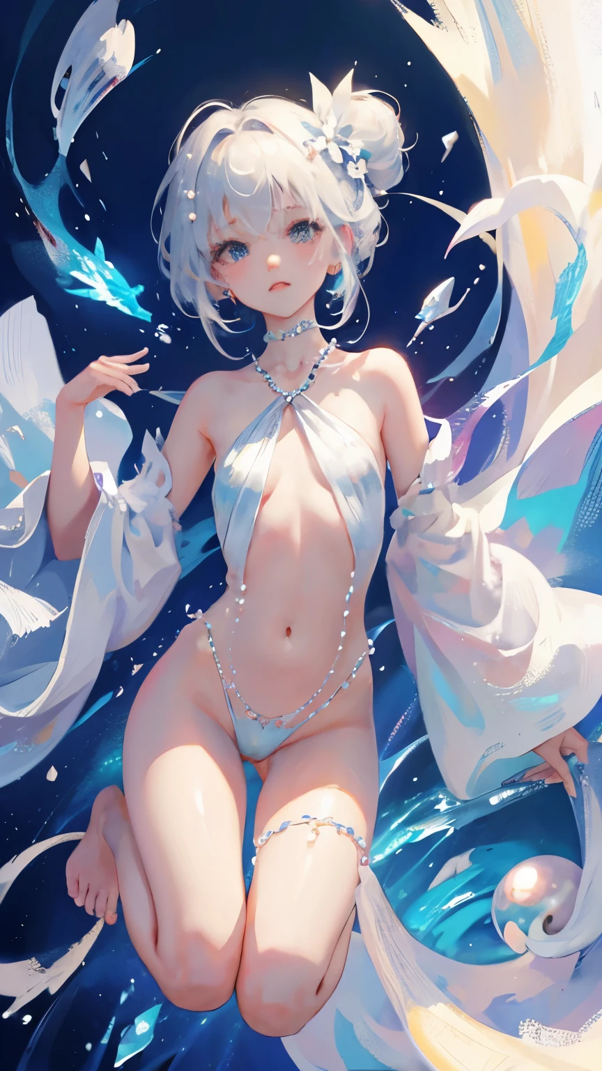 a girl、a baby face、Very cute、slim and beautiful、((small :1.2))、well drawn eyes、charming eyes、double tail、Wear jewelry and pearls around your neck,Transparent openwork、deep v、crystal pearl、在Wear jewelry and pearls around your neck,white hair, Showing thighs, bare shoulders, Show collarbone, Yao Liu, barefoot,((whole body))、painful posture