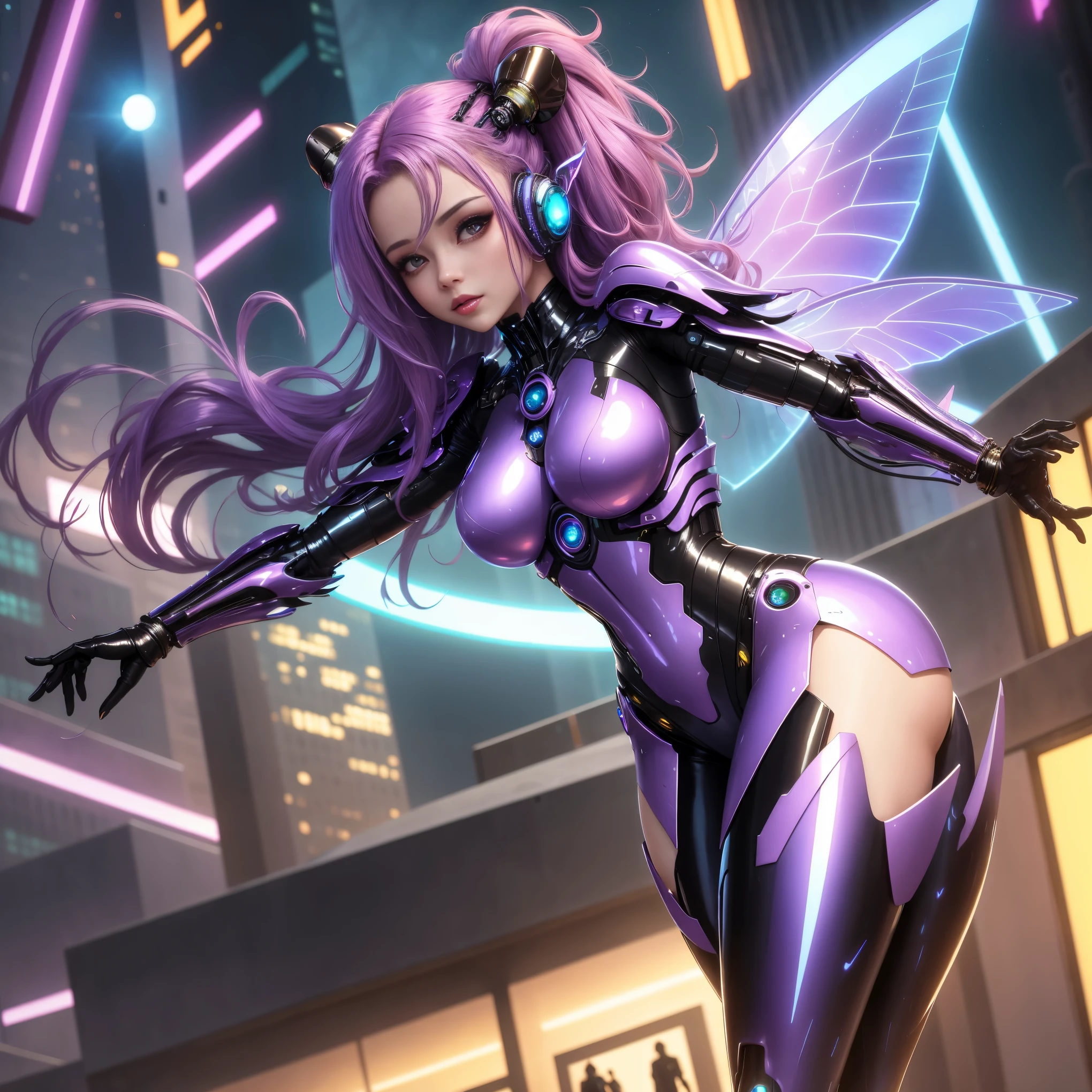 a beautiful cyber fairy, medium hair, beautiful body, shiny wings, wearing a futuristic cyber dress in a futuristic city