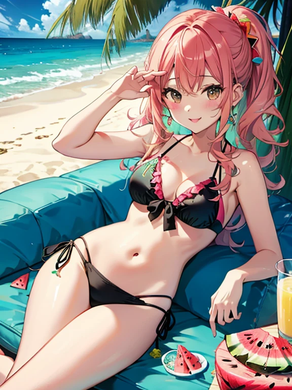 sandy beach、Palm tree、tropical juice、5girl girl、bikini、watermelon split