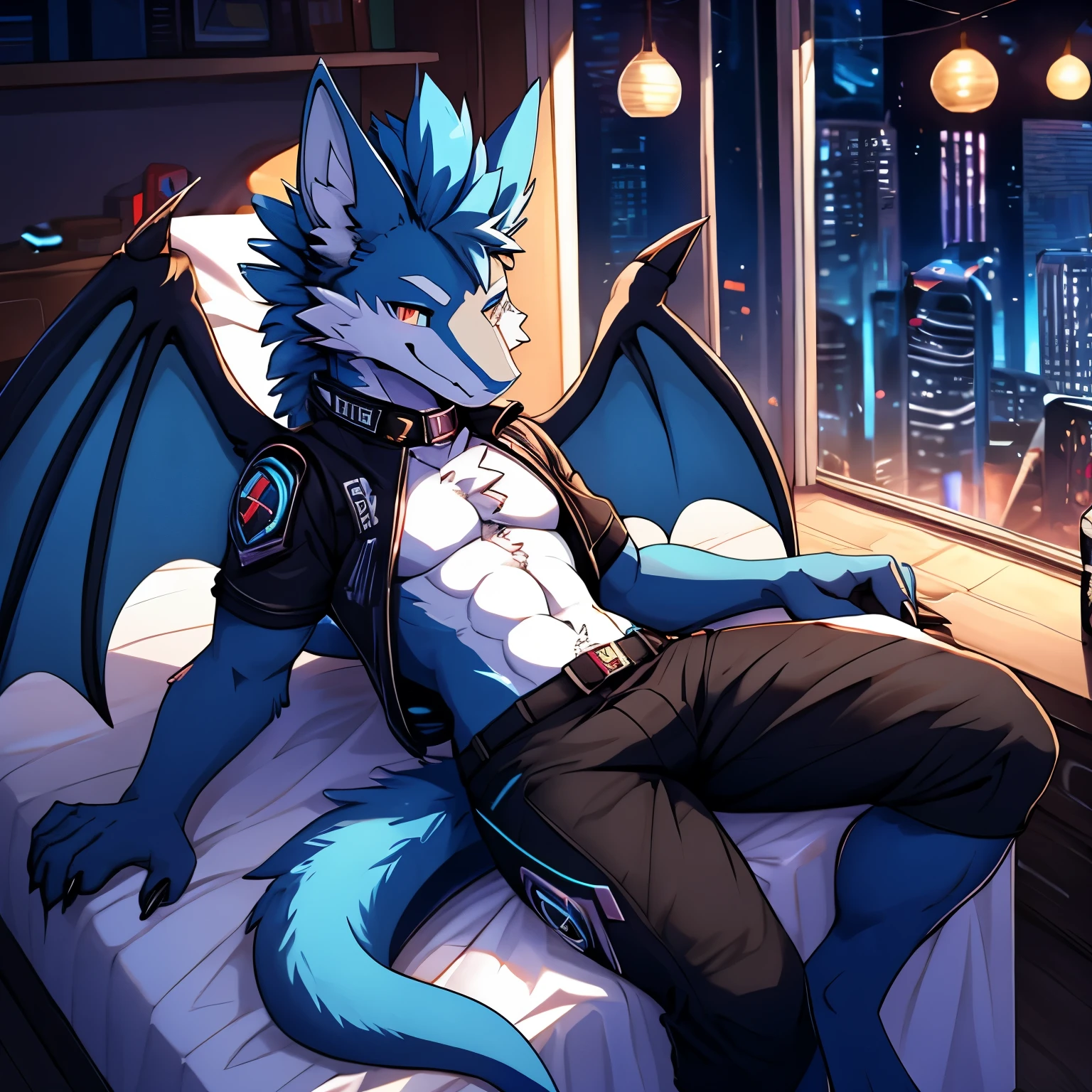 single，man，Sergal is a furry humanoid character.，nakedness，Wear only black shorts., Torn abdomen,, black and white feathers, bright blue mohawk, Shark tail，dragon wings，รอยsmileที่เย้ายวนและเย้ายวน, cyberpunk interior background,room， beautiful, best quality, Watch the audience, Number of views, smile，will blush.，shirt collar，kiss gently，Cute texture plateecha core，lying on the bed，Raise your leg.，cute wolf claws