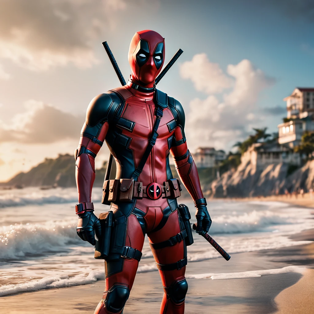 beach parties, aesthetic, extremely detailed, Deadpool tanning on the beach, detailed matte painting, deep color, fantastical, intricate detail, splash screen, complementary colors, fantasy concept art, 8k resolution trending on Artstation Unreal Engine 5, (best quality, 4k, 8k, highres, masterpiece:1.2), ultra-detailed, (realistic, photorealistic, photo-realistic:1.37), HDR, UHD, studio lighting, extreme detail description, professional, vivid colors, bokeh, beach, portraits, landscape