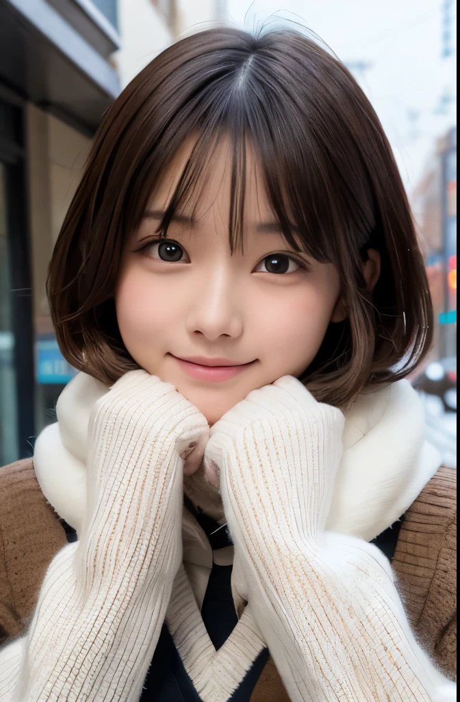 one girl, (a beauty girl, delicate girl:1.3), (:1.3),
break, (Winter School Uniforms, cute uniform:1.3),
break, (Street view:1.3), (it&#39;s snowing:1.3), (wool gloves), perfectly trimmed fingers,
break, extremely fine-grained clarity, (symmetrical eyes:1.3),
break, small breasts, brown eyes, parted bangs, brown hair,  girl,
break, (Eye and face details:1.0), (get closer to the face, zoom in on the face, face focus:1.0),
break, (masterpiece, highest quality, super detailed, detailed face, 8k)