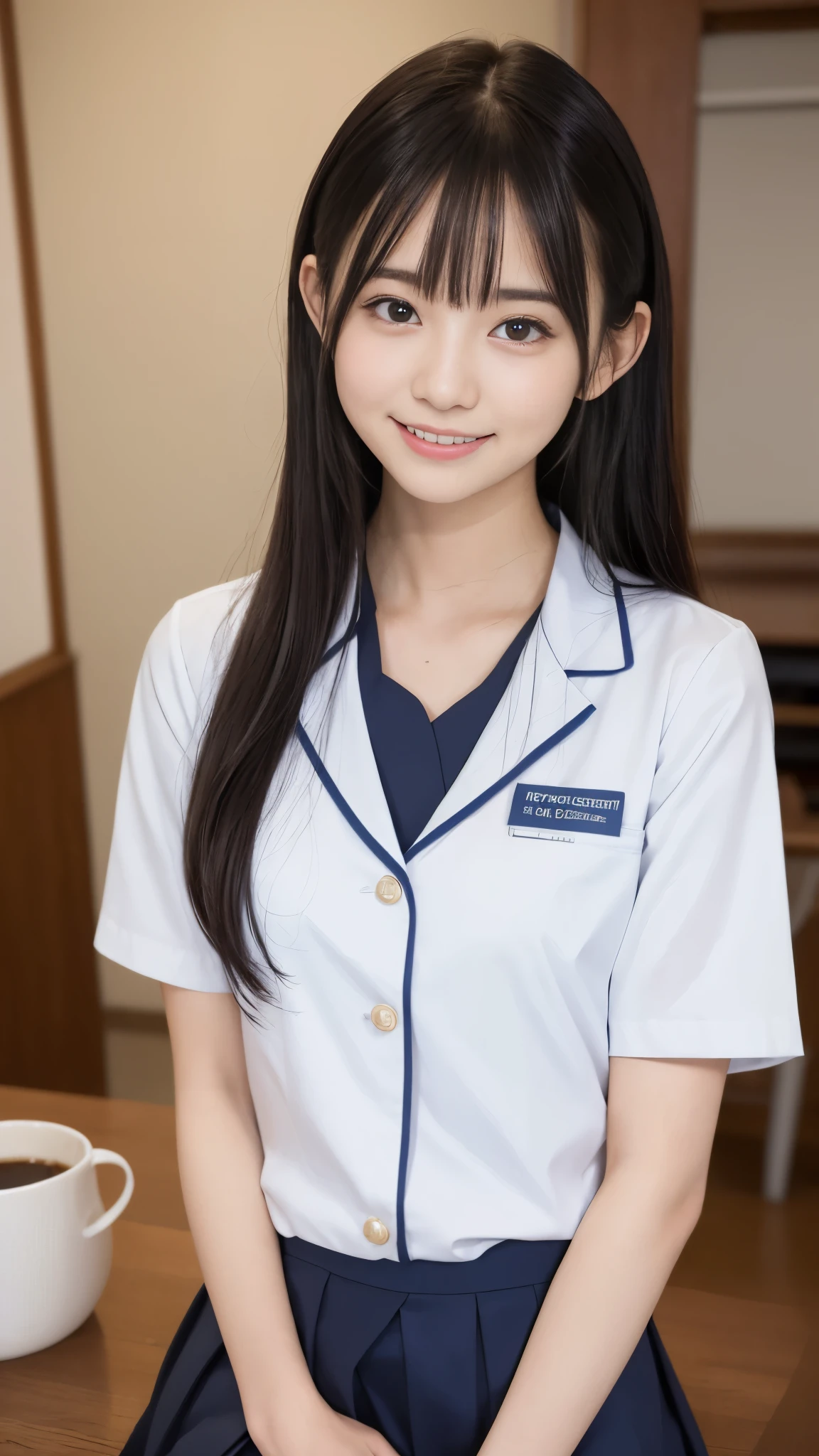 table top, highest quality, 8K, 16 years old, Ten generations, RAW photo, absurd, award-winning portraits, smile, smile, alone, daytime, idol face, violaces, delicate girl, Digital single-lens reflex camera, looking at the viewer, Frank, Sophisticated, Zora々right, thin arms, professional lighting, film grain, chromatic aberration, (Eye and face details:1.0), (Bokeh:1.1), (hyper pretty face:1.2)、(beautiful face:1.2), beautiful woman、nurse、nurse uniform、(半袖のnurse uniform:1.2), black haired、middle straight hair、bangs、(Japanese)、short hair、cute nurse、full body photo、full body figure、ミニスカートのnurse uniform、ナースのfull body photo、miniskirt nurse、New Nurse