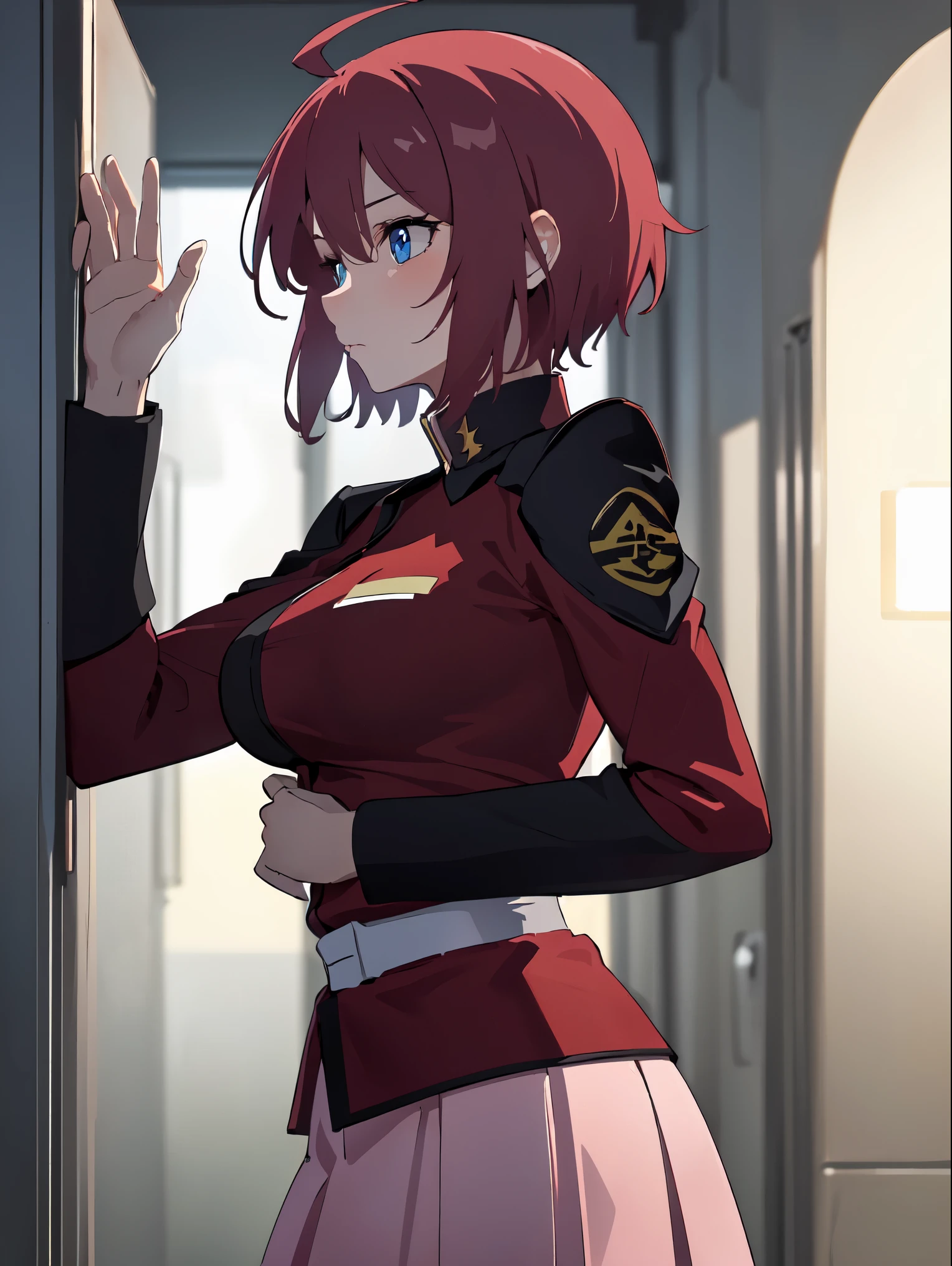 ((masterpiece)), ((best quality)), ((ultra detailed)), 8K, 16K, detailed beautiful face, detailed beautiful eyes, sl1, 1girl, short hair, red hair, ahoge, long sleeves, military uniform, pink skirt, large breasts, expressionless, hands front, laboratorium, viewed from side