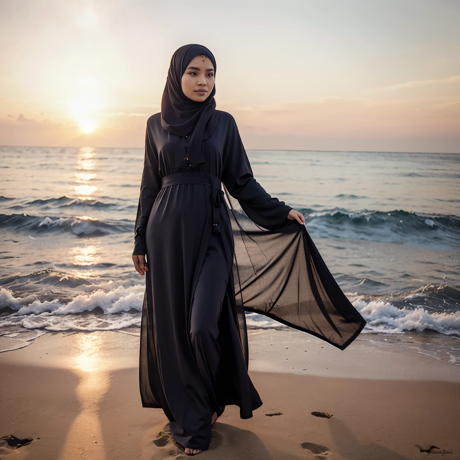 Hyperrealistic a beautiful malay woman wearing long hijab,long flowy flower abaya standing at the beach,sunset background