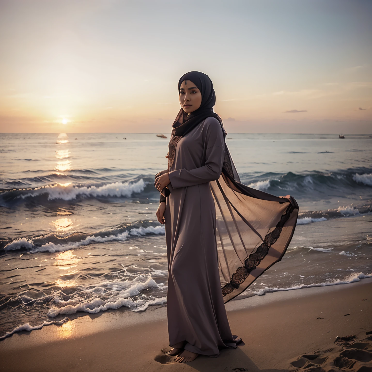 Hyperrealistic a beautiful malay woman wearing long hijab,long flowy flower abaya standing at the beach,sunset background
