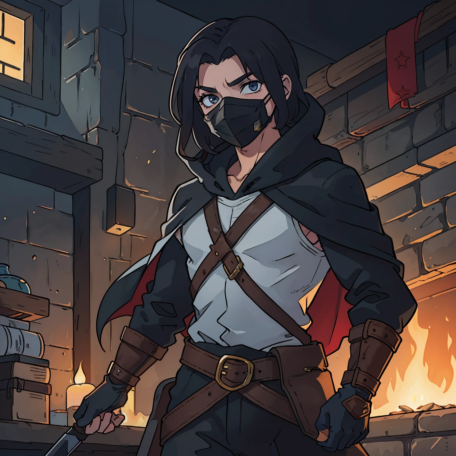 (((masterpiece))), (((best quality))), illustration, single character, game character, rpg character, medieval male rogue, male human rogue, thief character, medieval hoodie and mask, medieval hoodie and cape covering the head, mask covering hist face, black leather clothes, dark clothes, medieval thief clothes, daggers, medieval dark alley in background, nightly mood, anime character, 8k, awesome quality