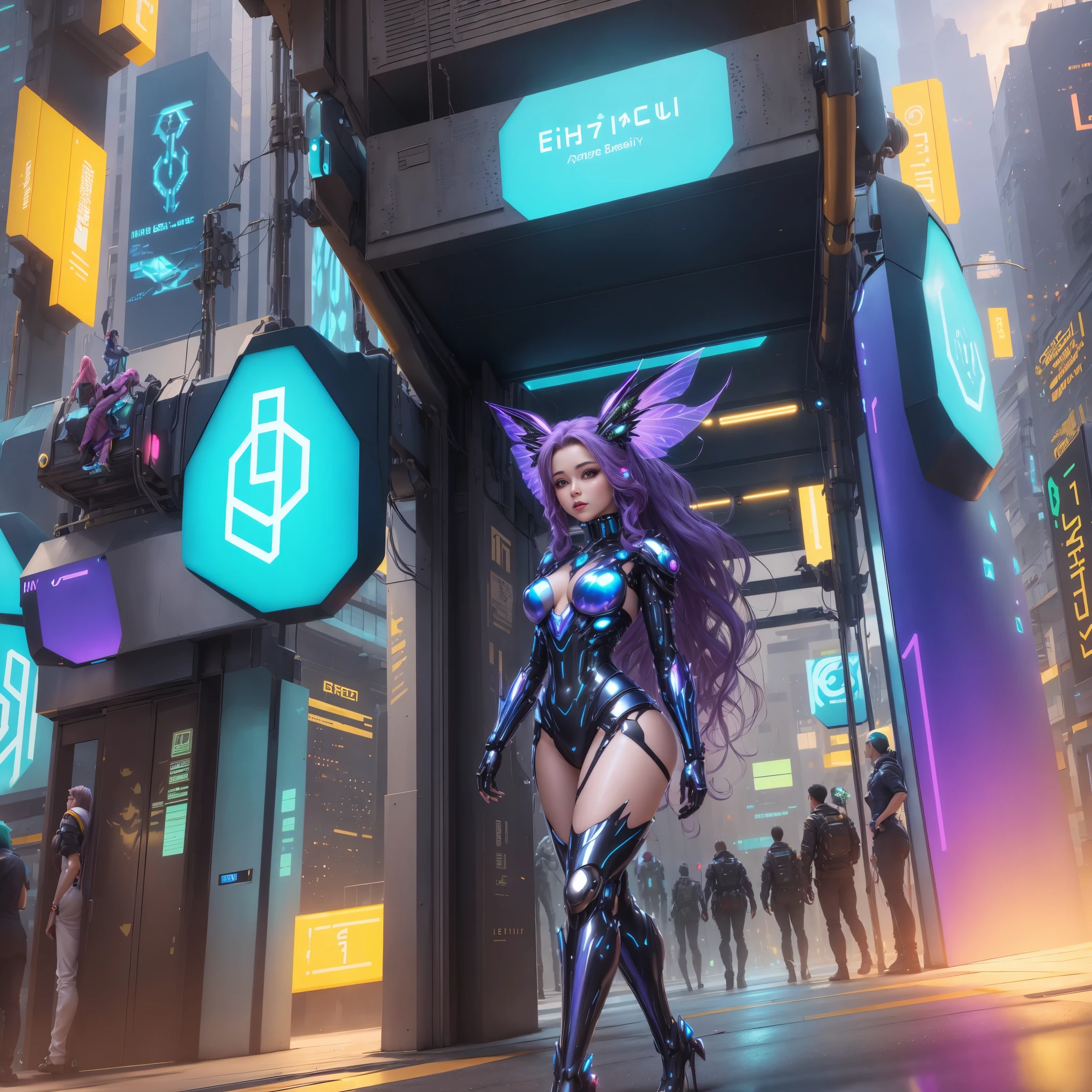 a beautiful cyber fairy, medium hair, beautiful body, shiny wings, wearing a futuristic cyber dress in a futuristic city