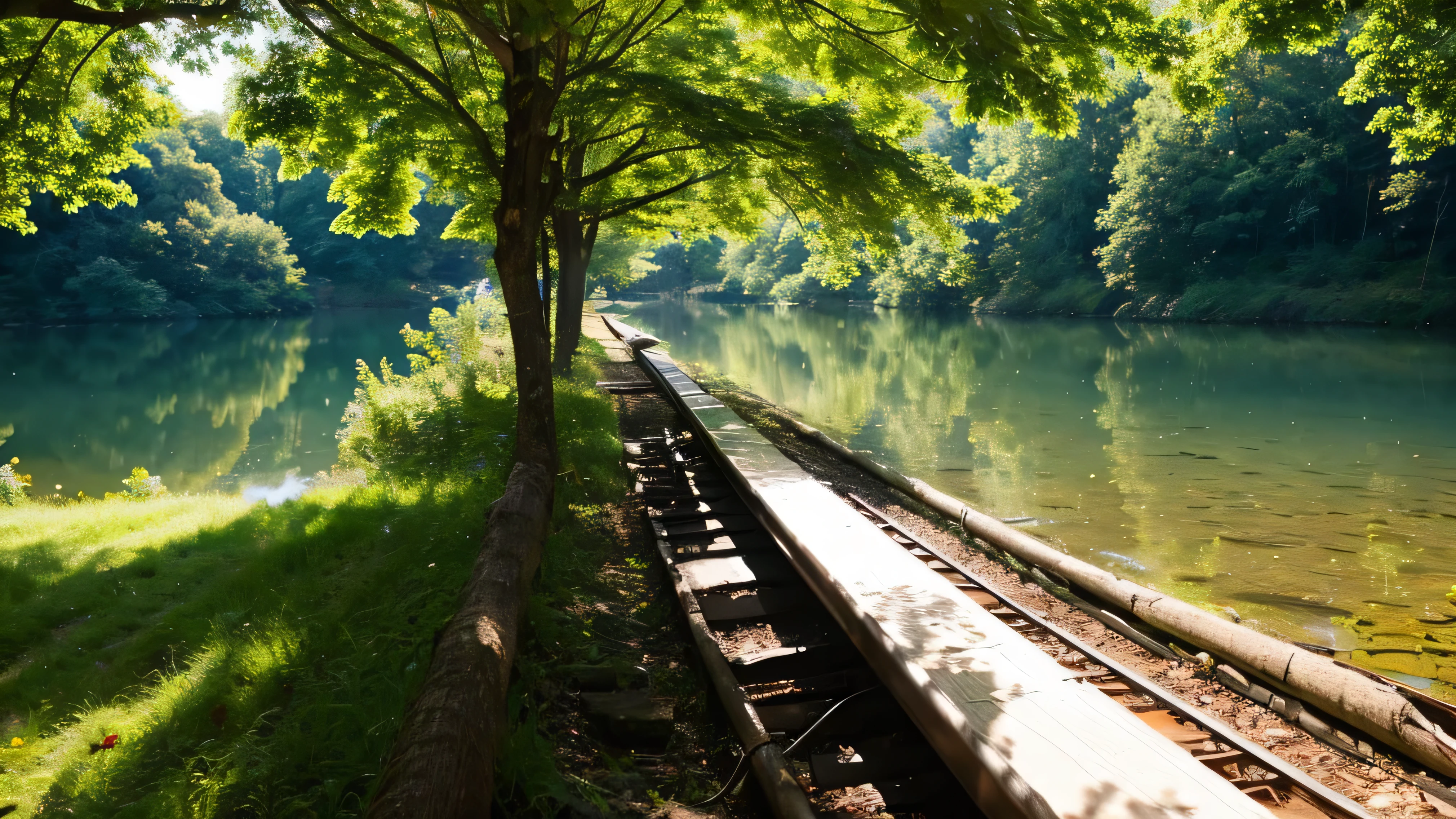 water、transparent、sunlight filtering through the trees、fishing