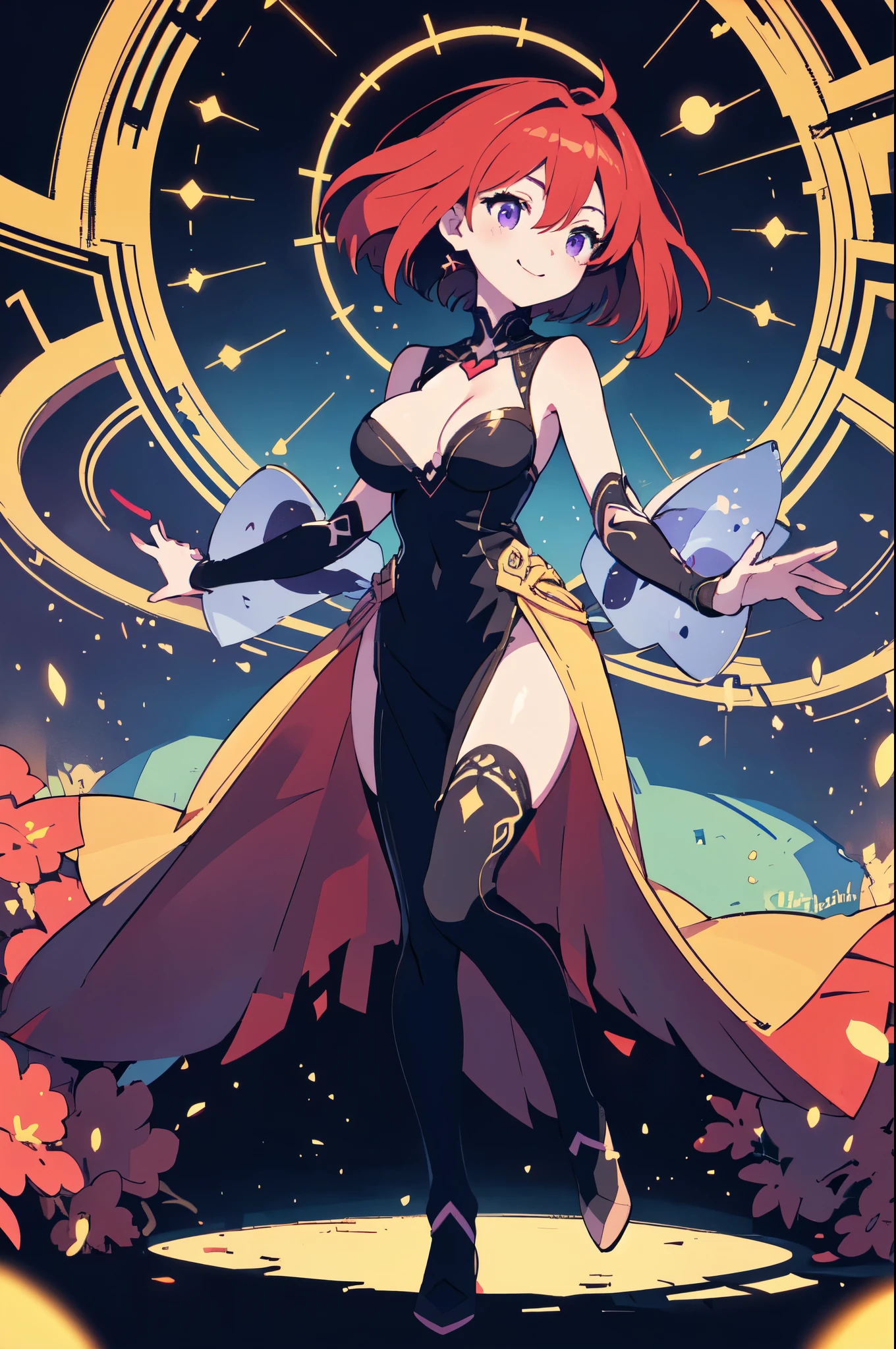 Sometime in March, (masterpiece, highest quality, super detailed, best shadow), (detailed background,dark fantasy), (beautiful and detailed face), high contrast, (best illumination, very delicate and beautiful), ((cinematic light)), colorful, hyper detail, dramatic light, intricate details, (1 girl, alone,Red hair, short bob, sharp face,purple eyes, hair between eyes,dynamic angle, big breasts), Black light swirling around the character, Depth of the bounds written,black light particles,(Broken Grassical Circle, warrior, full body esbian, woman, cheerfulness, smile, look ahead,