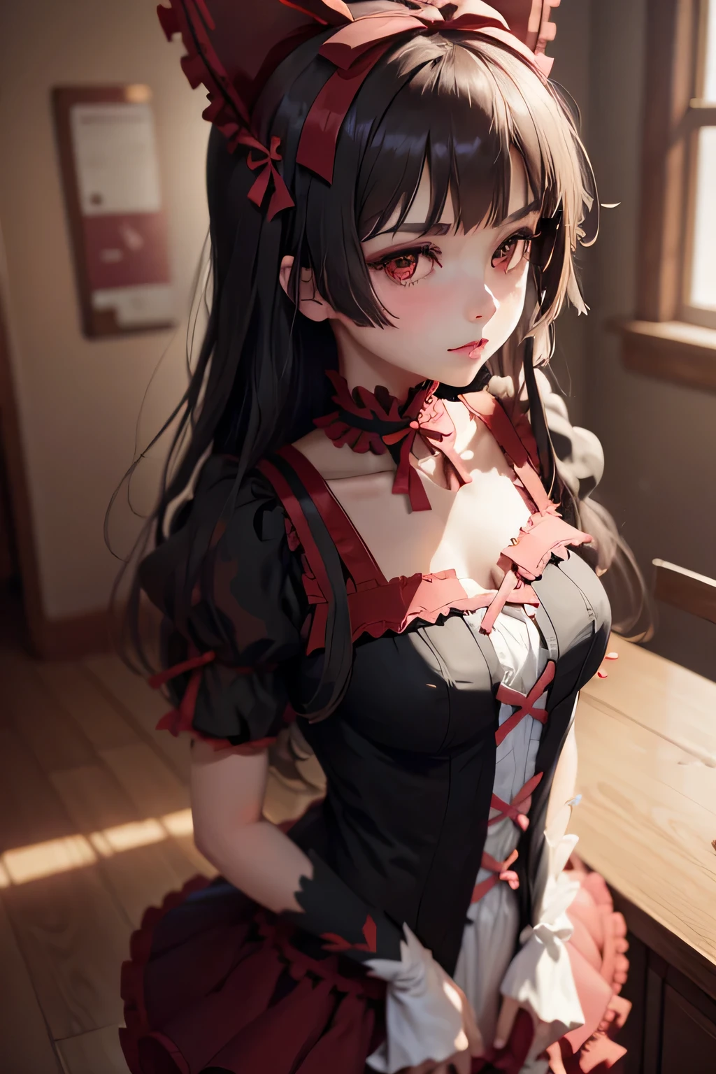 Rory Mercury, Rory Mercury, Black hair, blunt bangs, hime cut, hair ornament, black lipstick, very long hair, Pretty face, makeup, (small chest:1.2), (red eyes:1.5), BREAK Готическое нижнее белье, perfect body (small breasts:1.3) Hornny, Sexy, BREAK в полный рост, red shoes, BREAK Черные чулки, Черные перчатки BREAK, черные Hips, garter straps, gloves, gotik, Hair Bow, Detailed Gothic Fashion, puffy short sleeves, puffy sleeves, short sleeves, Hips, BREAK, teyvat, Court of Fontaine, Fontaine, BREAK смотрит на зрителя, BREAK (masterpiece:1.2), best quality, high resolution, Ultra HDR, Unity 8K wallpaper, (illustration:0.8), (beautiful detailed eyes:1.6), extremely detailed face, perfect lighting, Extremely detailed computer graphics, (perfect hands, Perfect Wrist, two arms, five fingers on the hand, red manicure, detailed fingers, perfect anatomy),