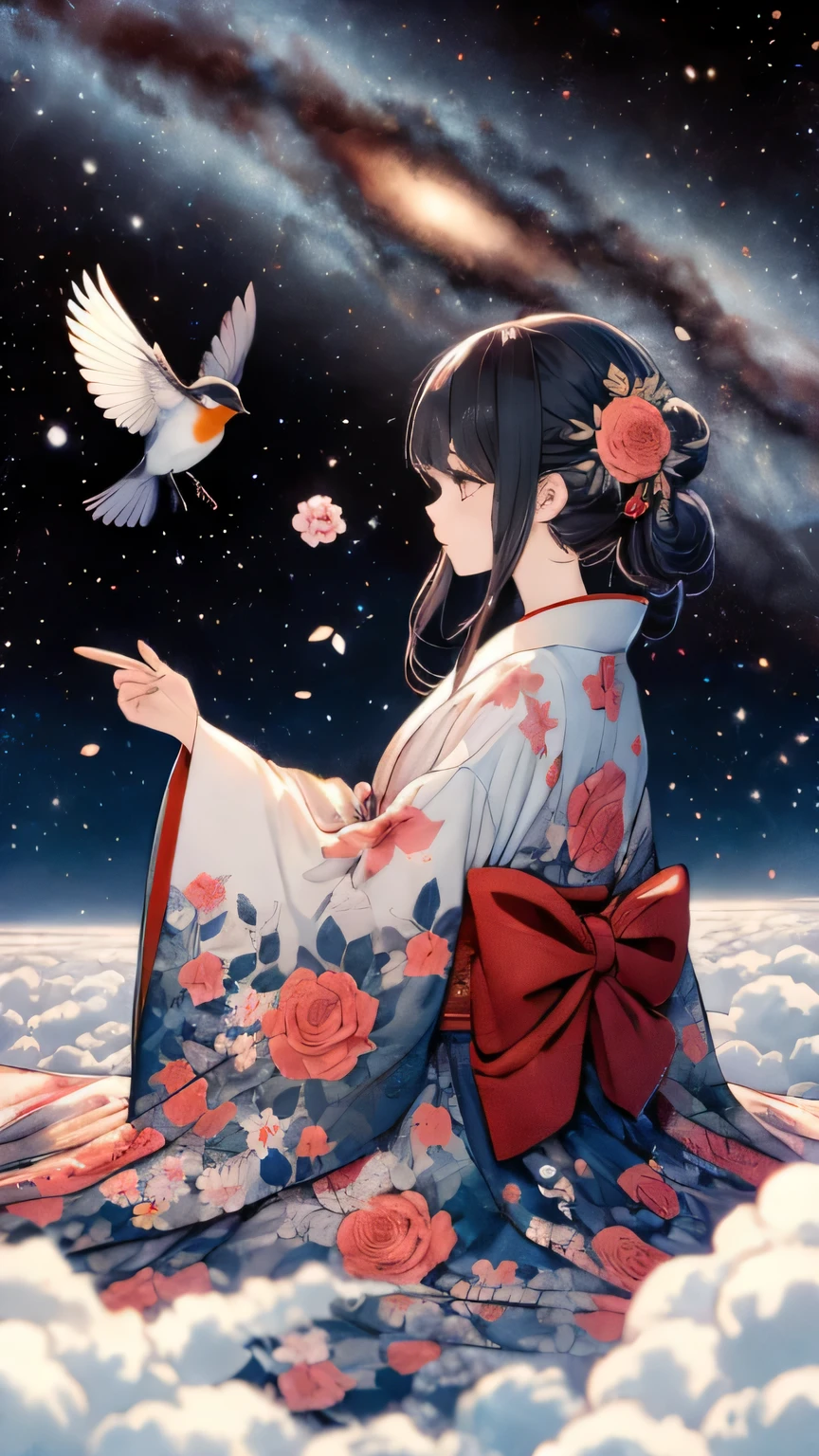 anime girl in kimono outfit sitting on clouds with bird flying above, anime style 4 k, japanese art style, beautiful anime, beautiful anime artwork, anime art wallpaper 4k, anime art wallpaper 4 k, anime wallpaper 4k, anime wallpaper 4 k, beautiful anime art, beautiful anime style, anime art wallpaper 8 k, palace ， a girl in hanfu