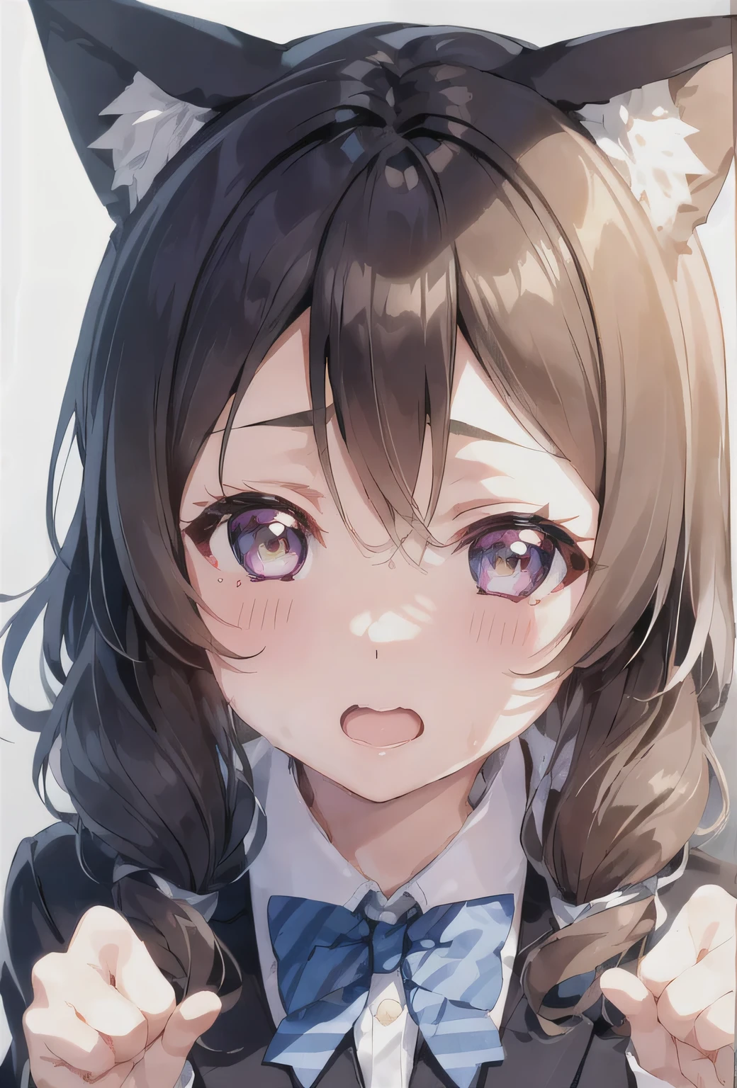 1 girl, alone, Cat ear, Upper body, closed one eye, open the meter to the outside, looking at the viewer, meters miles, blush, otonokizaka school uniforメートル, Cat ear, Striped bow ties, blue jacket, collared shirt, long sleeve, white background, siメートルple background  