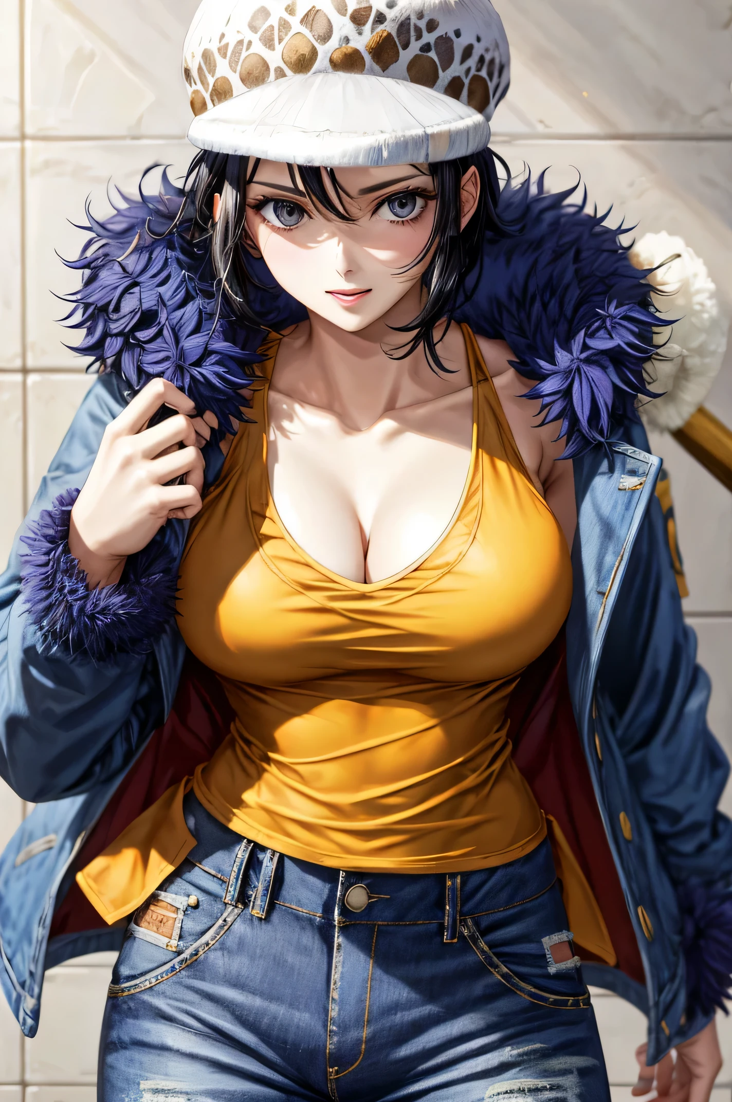 tmasterpiece，Best quality at best，8K，Large breasts，cleavage，
femele， solo， looking at viewert， short detailed hair，big cleavage breasts， bucket-hat， nabel， halter，Black hair， clavicle， 耳Nipple Ring， short detailed hair，hason， trouser，Manteau， fur-trim， Denim， denim pant， Fur decorative coat， coat on shoulders， yellow tanktop，///，