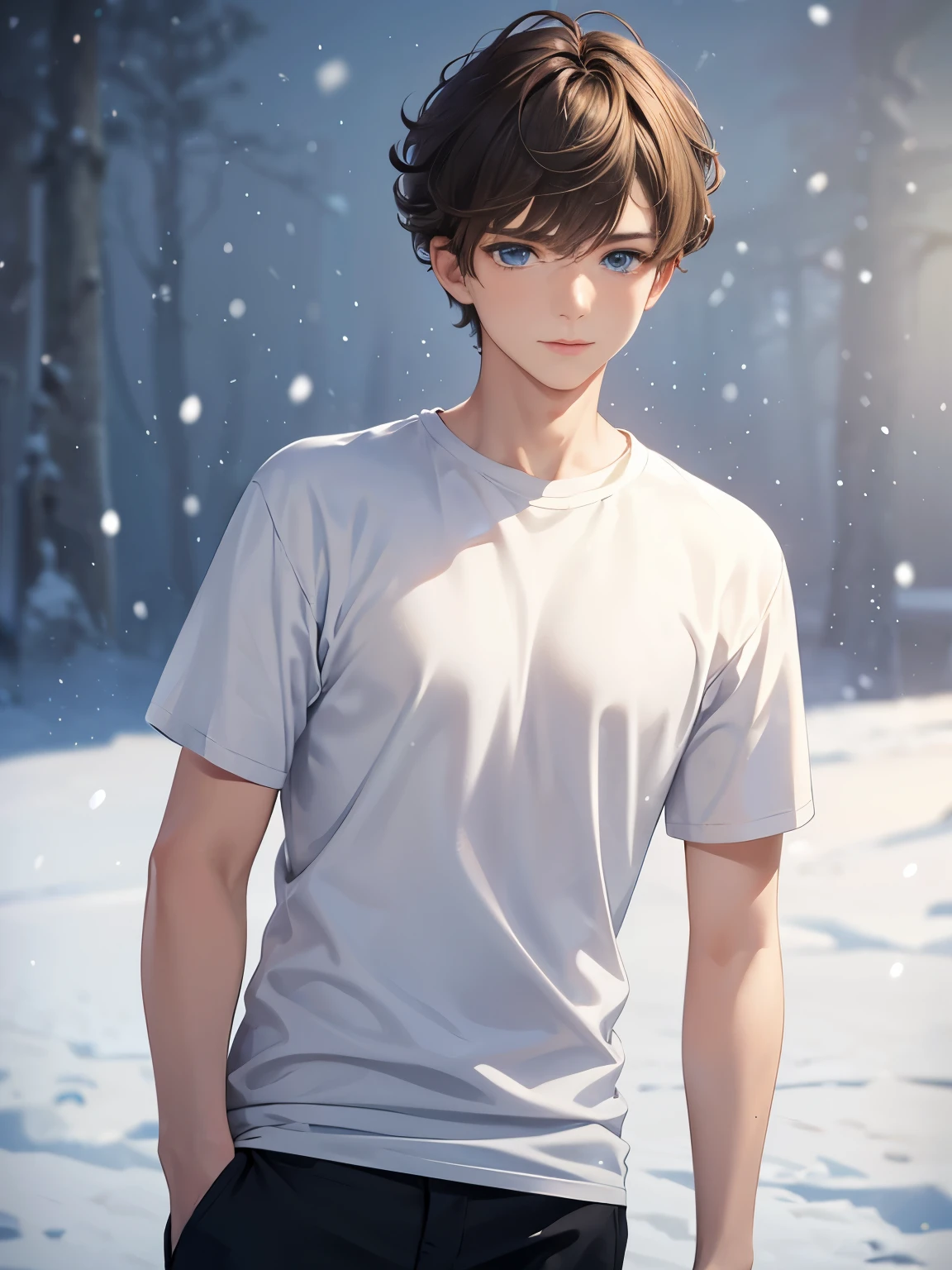 1boy,guy,blue eyes, alert expression,Standing in The North Pole,snowing,18 years old,Curly hair,medium hair,undercut hairstyle,light brown hair,Plain t-shirt, white t-shirt,black trousers,ultra detail, perfect face, hd face, detailed face, masterpiece
