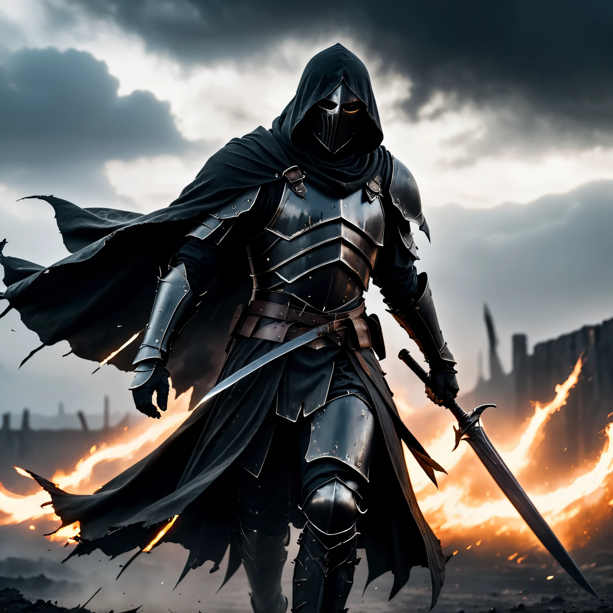 Masterpiece, highest quality, 4k, highres, blody medieval wasteland background, black clouded sky, solo, assasin in pitch black ghost armor, wearing a badly burned and torn cape, viewed from behind, pair of pitch black dual blades, cold blades, in motion, running (motion lines), faceless, blurry, facing away from the viewer