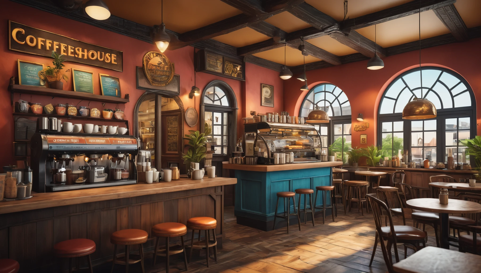 create an image demonstrating the style of ((Global Village Coffeehouse)) style, hyper realism, 8k high definition, vibrant colors, sharp focus, insanely detailed