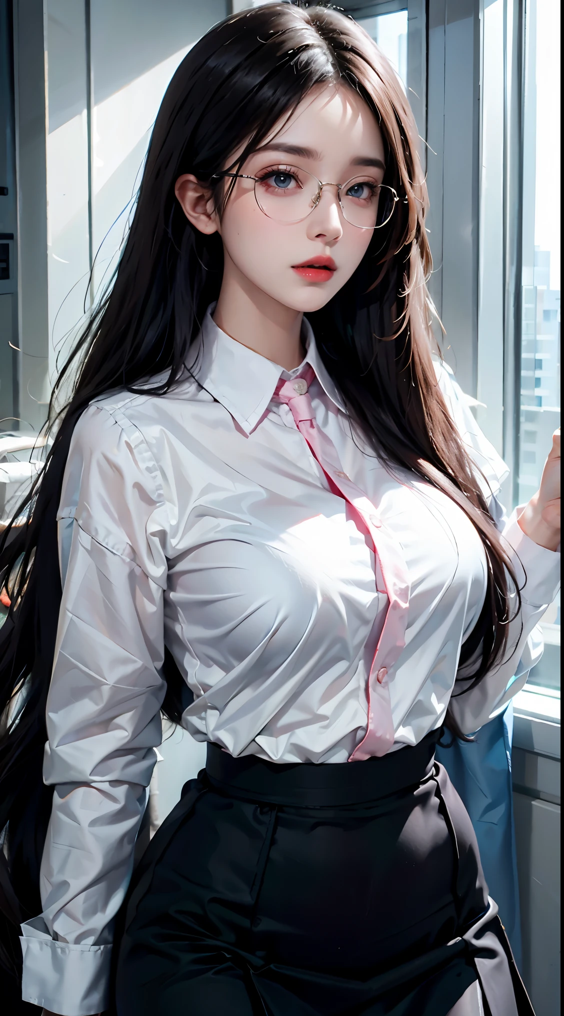 lifelike, high resolution, 1 female, Shiny skin, alone, Buttocks up, jewelry, pink lips, long black hair, blue eyes, female office worker, shirt, skirt, Glasses