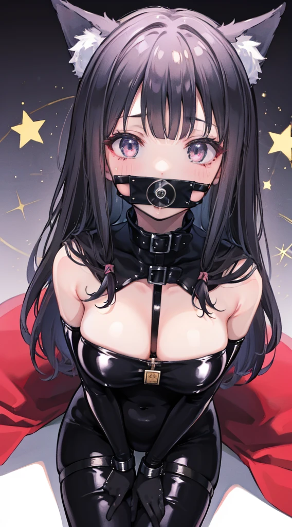high quality, masterpiece, super detailed, 1 girl, extremely detailed faces, gagged,gagged,Christmas black latex full body suit,black gloves,black christmas stocking tiara,gagged,BDSM,handcuffs,collar,Calm expression,Smile,handcuffs,collar,long black hair, Charming pink eyes, fox ears, ridiculously big, skin shiny, sitting on the snow,Cover your chest with your hands,Bright Christmas night scene