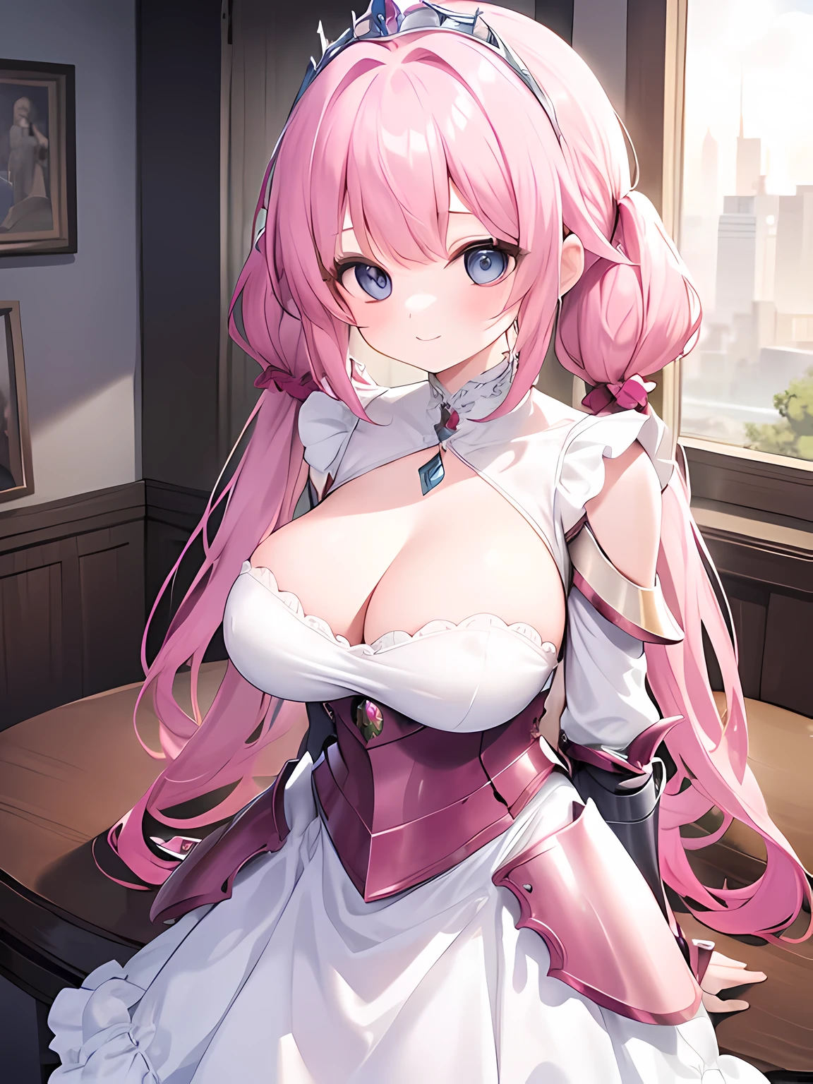 masterpiece,highest quality,(Super detailed),Depth of written boundary,perfect sentence, Detailed CG,Super detailed,(highly detailed eyes,very cute face,highly detailed face:1.3),beautiful anime girl,(solo girl:1.9),(super huge breasts:1.9),(pink hair,low twin tails:1.5),(light blue eyes:1.3),(smile full of joy:1.3),open your mouth,show viewer,break,(Princess Knight,dress armor,full armor:1.5),white ruffle dress,luxurious gauntlet,Advanced armor,shoulder armor,small tiara,Gemstone Brooch,break,medieval background,grassland,sunrise,(Are standing,cowboy shot :1.5)