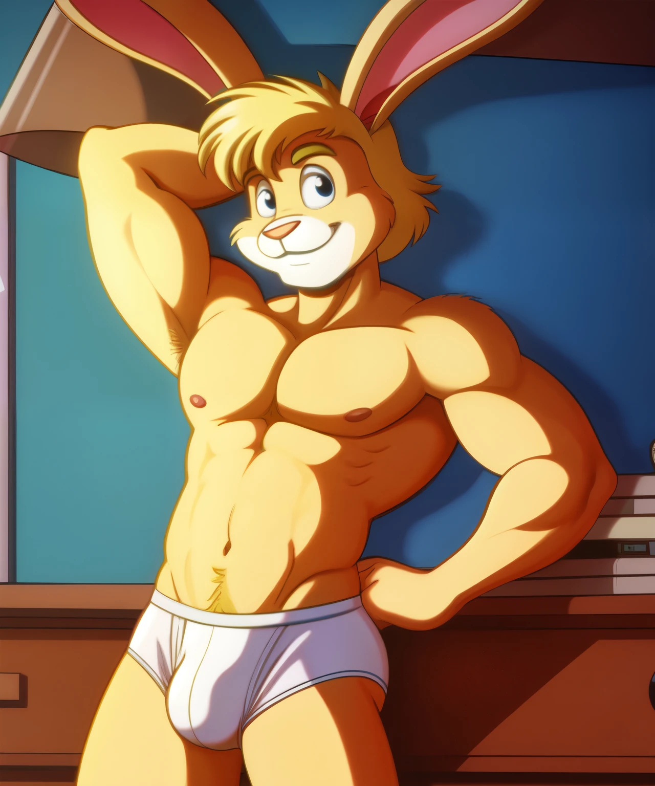 male blonde rabbit in white underwear, y fronts, shirtless, 1980’s cartoon, vhs capture