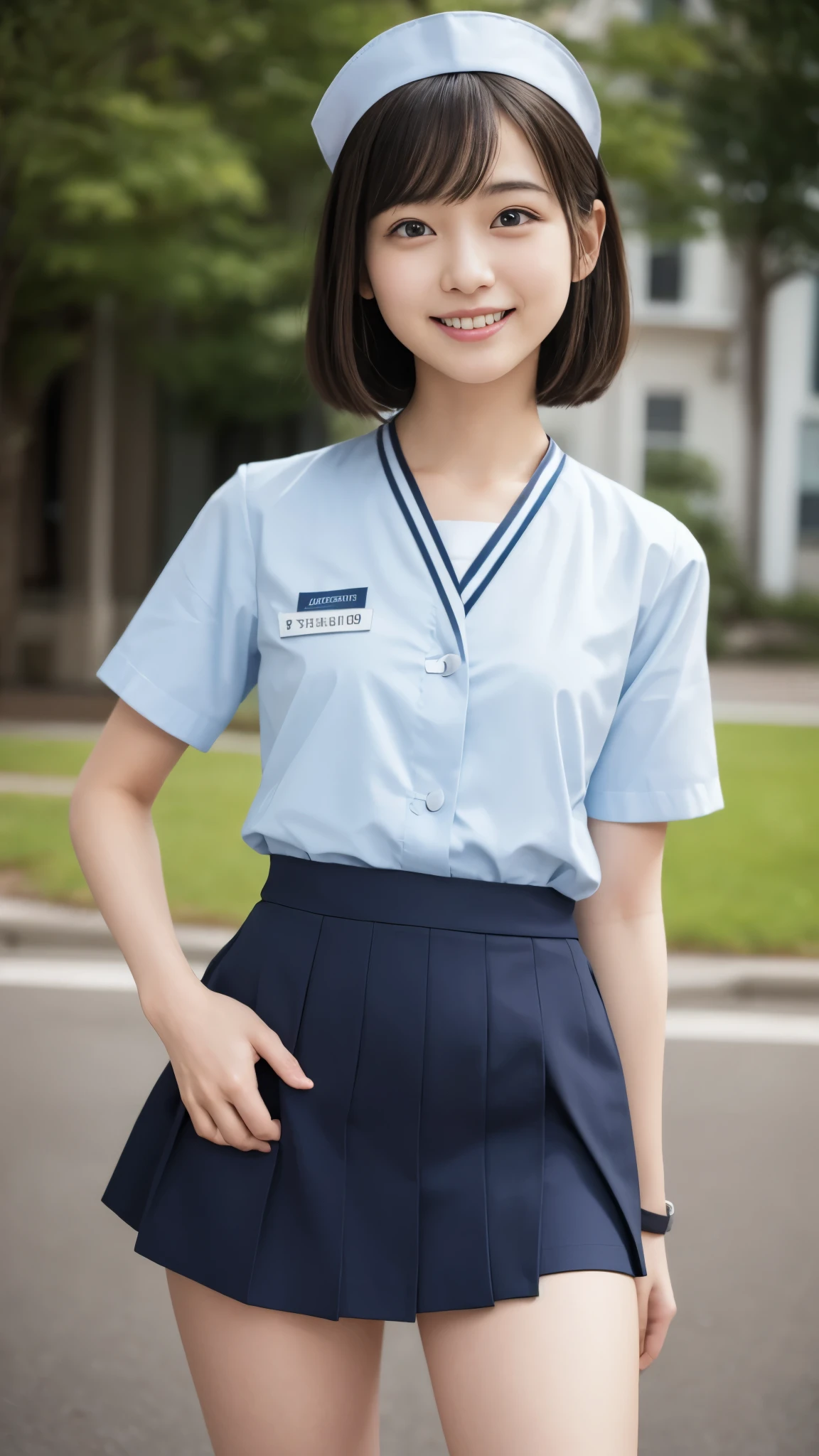 table top, highest quality, 8K, 16 years old, Ten generations, RAW photo, absurd, award-winning portraits, smile, smile, alone, daytime, idol face, violaces, delicate girl,  Digital single-lens reflex camera, looking at the viewer, Frank, Sophisticated, Zora々right, thin arms, professional lighting, film grain, chromatic aberration, (Eye and face details:1.0), (Bokeh:1.1), (hyper pretty face:1.2)、(beautiful face:1.2),　beautiful woman、nurse、nurse uniform、(半袖のnurse uniform:1.2), black haired、middle straight hair、bangs、(Japanese)、short hair、skirt、skirtのnurse uniform、cute nurse、full body photo、full body figure、ミニskirtのnurse uniform、ナースのfull body photo、miniskirt nurse、New Nurse