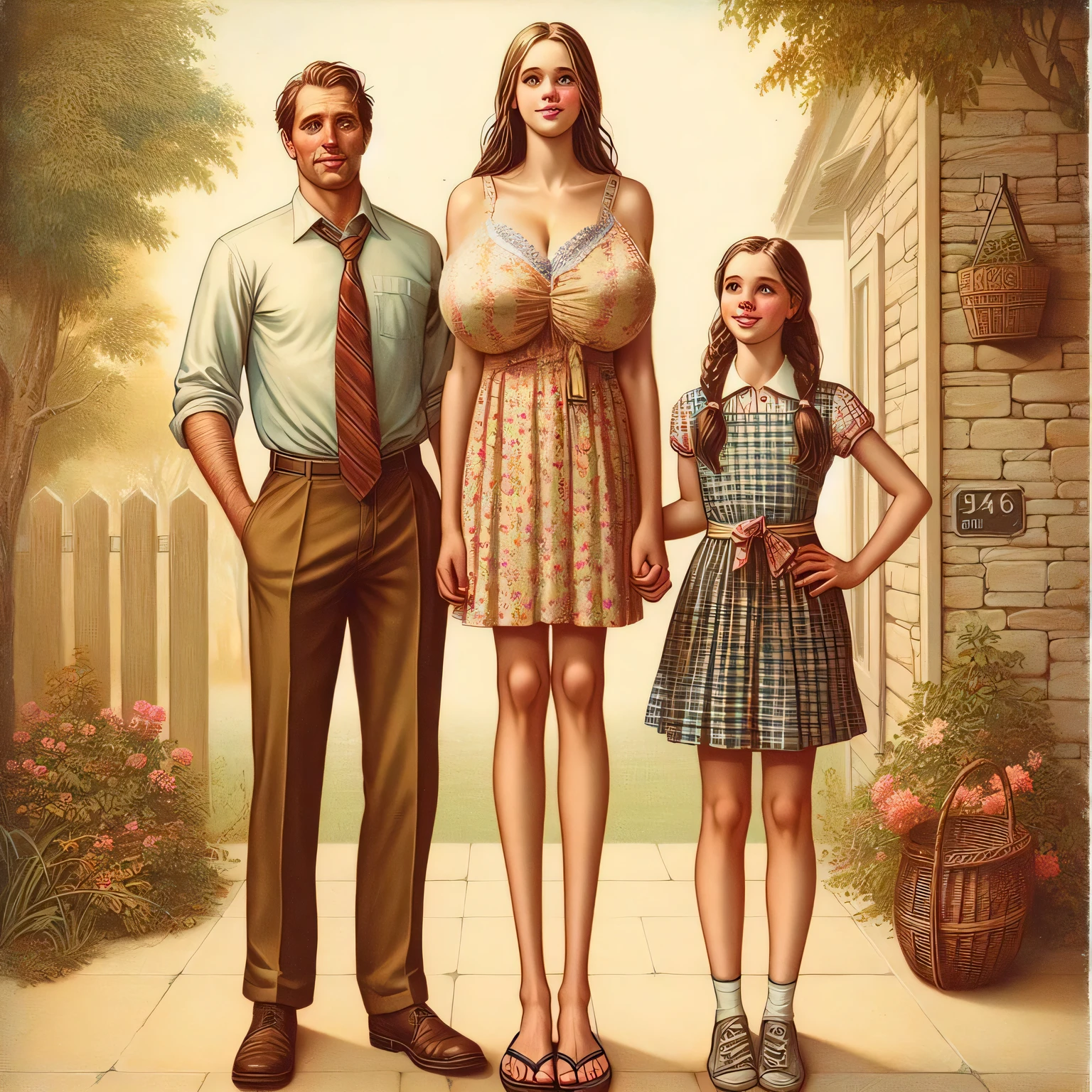 floral dress, (big giant enormous oversized massive huge colossal breasts:1.5), (gigantic sagging breasts:1.5), cleavage, standing tall, father and two daughters