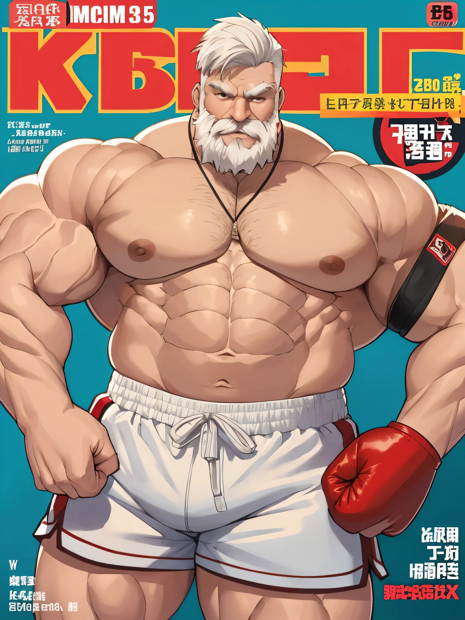 (magazine cover), with text, solo, 1boy, (Huge Muscular Old man as a boxer, wearing boxing gloves , wearing shorts) (short hair, 2tone hair color, two tone hair colors, red and white hair color), pectoral, abnormal muscle size, very big muscle, absurdly muscle size, huge pectoral, wide pectoral, short white hair, short bearded, simple background, masterpiece, high detailed, 8k, high resolution, --style 250, -- v 6.0