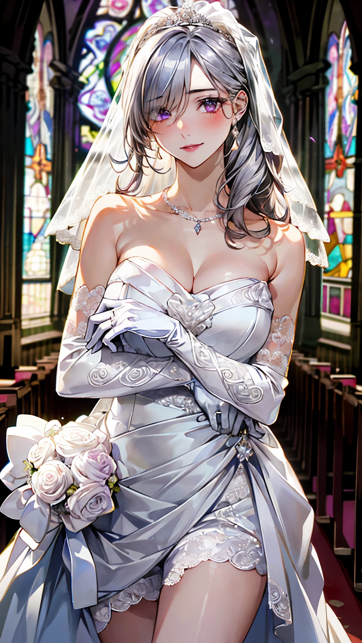 (masterpiece:1.3, top-quality, ultra high res, ultra detailed), (realistic, photorealistic:1.4), beautiful illustration, (natural side lighting, movie lighting), depth of fields,
looking at viewer, bust photo, 1 girl, , perfect face, (perfect anatomy), cute and symmetrical face, baby face, s, slender
(long hair:1.8, straight hair:1.2, silver hair), hair over one eye, purple eyes, pink lips, long eye lasher, (large breasts:1.3),
beautiful hair, beautiful face, beautiful detailed eyes, beautiful clavicle, beautiful body, beautiful chest, beautiful thigh, beautiful legs, beautiful fingers,
detailed cloth texture, wedding princess dress, head flower, headdress, (bandeau wedding dress:1.5), (silk dress:1.2), (strapless wedding dress:1.5),
plain white dress, necklace, earring, cleavage, bouquet, (lace gloves:1.2), (bridal veil:1.2), (short transparent veil:1.2),
(beautiful scenery), evening, crystal clear sunlight, (church, stained glass) walking, (happy smile, blush),
