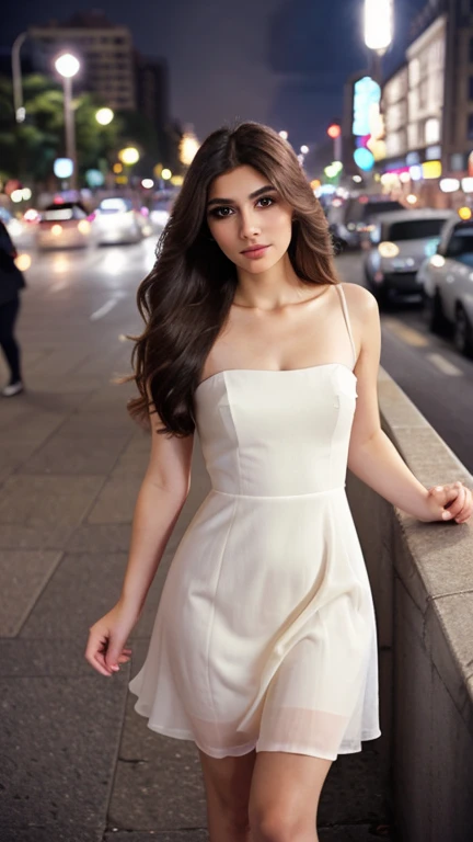Chica perfecta en la ciudad, vestido elegante, cabello impecable, serene expression, entorno urbano sofisticado, soft lighting, fashion photography style, careful composition, colores vibrantes, detalle alto, glamour.