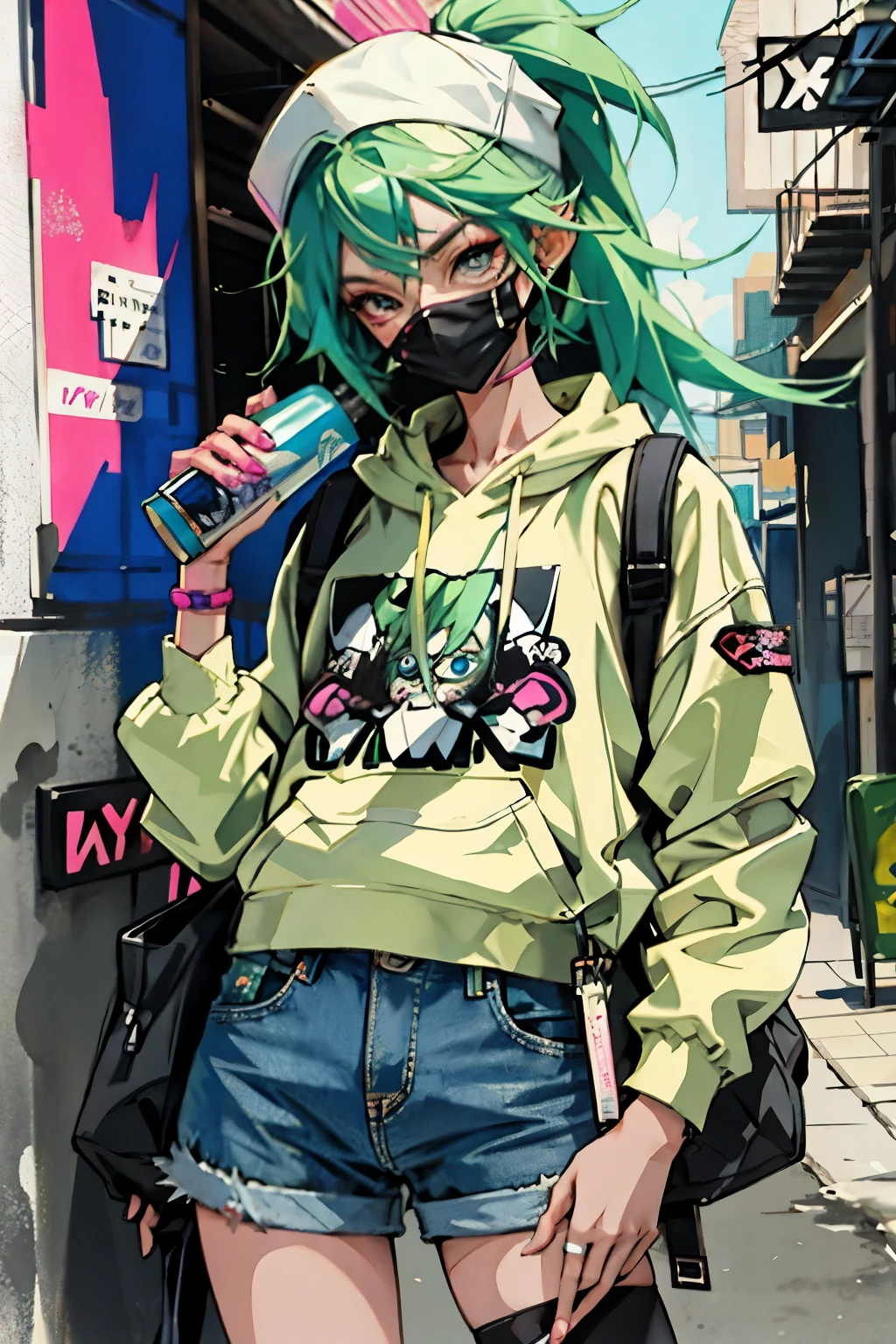 anime slim girl with a cap and a mask, thin face, holding a spray can, green messy hair, street background in neon pink and blue colors, stickers, smirk face, harley vibe, bad girl