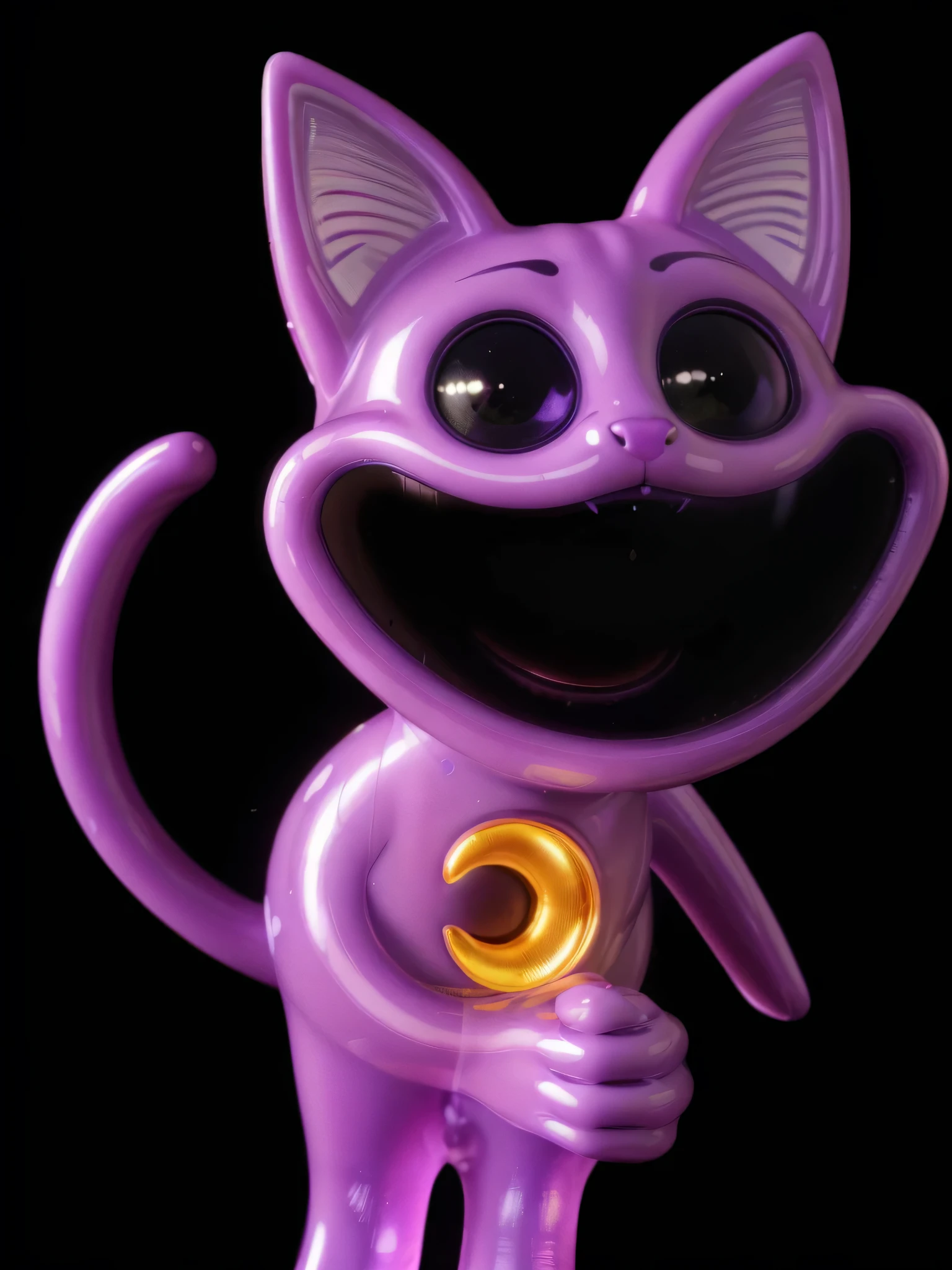violet cat plastic toy, cat toy, game character, videogame character, creepy cat, large creepy dark smile, cat with creepy smile and red eyes, insane, d, cat toy, glossy texture, smooth 3d model, multiple light sources, rim light, sharp post effects render, (glossy plastic texture with multiple big light probe refractions), perfect cgi, smooth silhouette, high intensity refraction, (super glossy plastic material), most beautiful vfx, , realistic, 4k, high resolution, rim light, smooth 3d model, multiple light sources, rim light, sharp post effects render,, realistic, 4k, high resolution, rim light detailed digital art, reflective, best quality, 4k, masterpiece:1.2, ultra-detailed, realistic, vivid colors, The image of the highest quality, ensuring every detail showcased perfectly. It in 4k resolution, allowing viewers to immerse themselves in the richness of the colors and intricate details. The realistic rendering. under the spotlight, reflecting, high-resolution image, realistic rendering