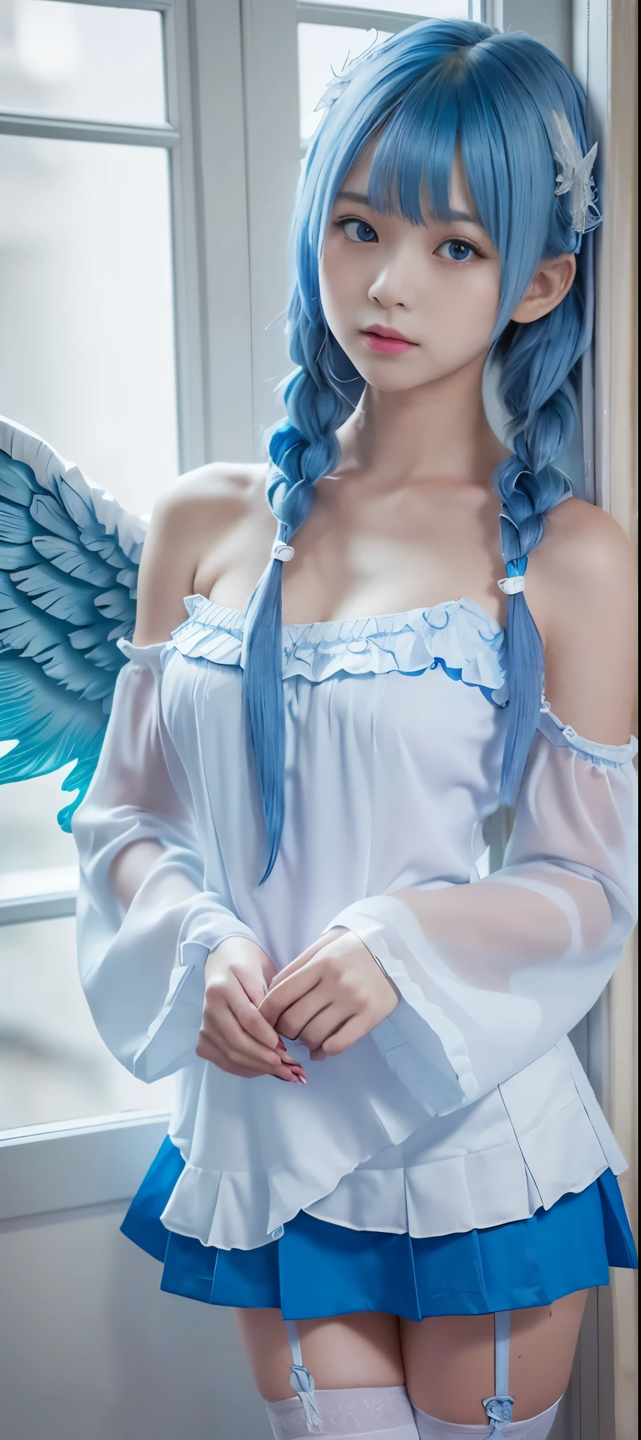 (masterpiece),(best quality),(ultra detailed),(8k),( Japanese girl:1.4),(solo),(detailed very cute lolita face:,(detailed beautiful eyes:1.3),(azure hair:1.4),(long hair,{single braid}),(flat chest:1.3),(very small breast:1.4),(blue mini skirt:1.3), (Angel feathered Wings:1.3),white garter belt,(White garter stockings), fantasy, (deep blue eyes:1.2),(white and blue chiffon dress blouse),bare shoulder,(removed sleeve,wide sleeve),high heel boots, (detailed hands:1.2),(perfect hands:1.4),In the mysterious night,moonlight,front,(blue hair:1.4),no makeup,faithful to the original,(panty shot),(condom:1.2),(sfw:1.4),(little japanese girl:1.3),(perfect anatomy:1.4)