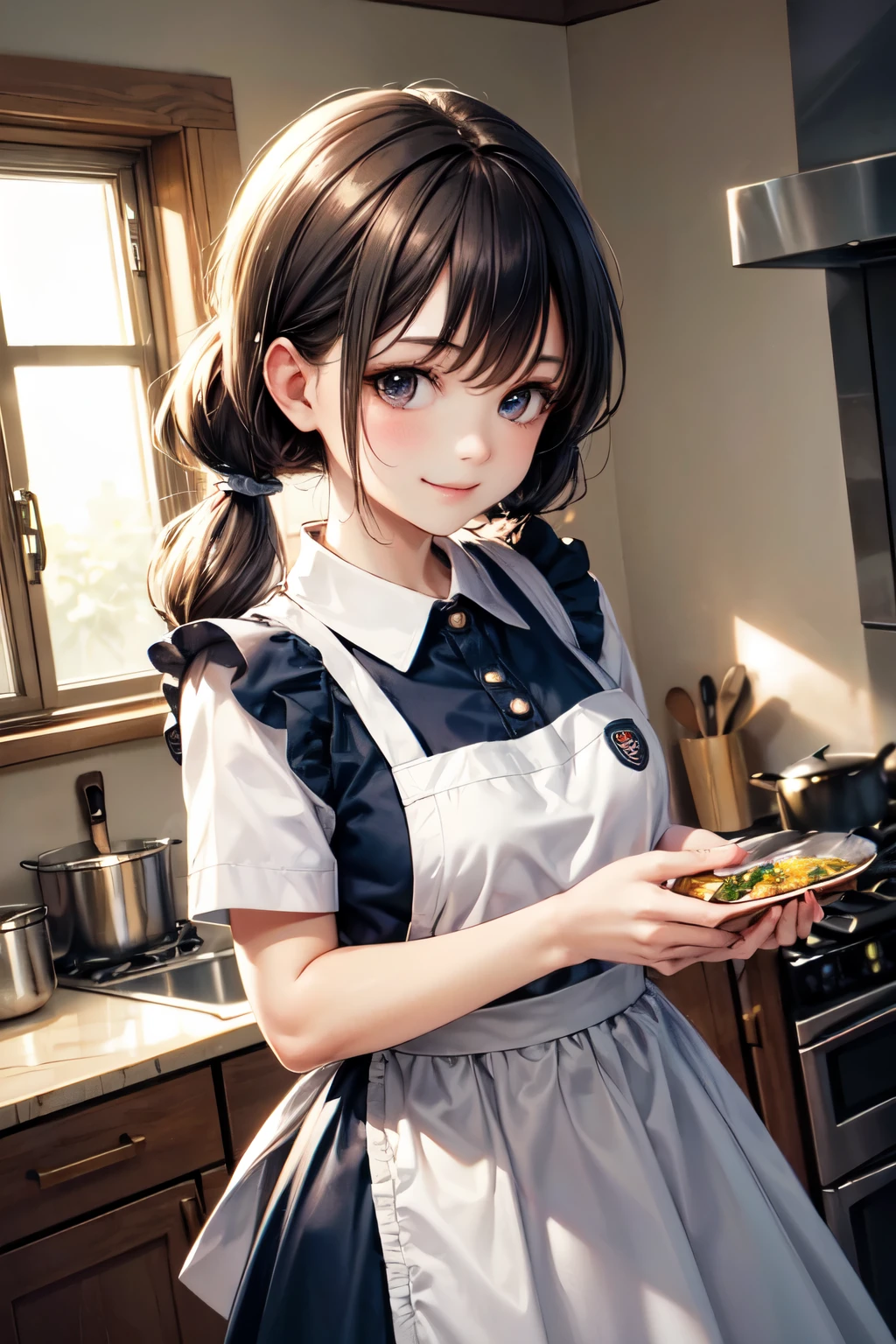 very cute and beautiful girl cooking in kitchen,teen,(highly detailed beautiful face),
standing,cowboy shot,yellow and white floral frilled apron on white blouse,blue skirt,
looking at viewer,(smile),black hair,low twintails,
(best quality,masterpiece:1.2),absurdres,highres,ultra-detailed,extremely detailed,32k,8k resolution,
intricate details,cinematic scene,detailed background,solo,dynamic angle,(realistic),perfect hands,