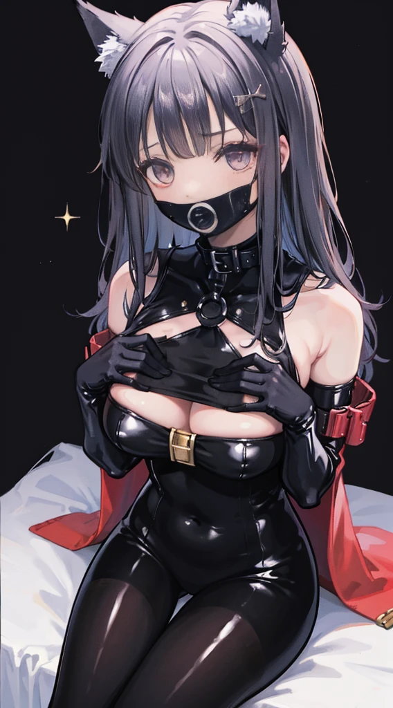 high quality, masterpiece, super detailed, 1 girl,  extremely detailed faces, gagged，gagged，Christmas black latex full body suit，black gloves，black christmas stocking tiara，gagged，BDSM,handcuffs，collar，Calm expression,Smile，handcuffs，collar，long black hair, Charming pink eyes, fox ears, ridiculously big, skin shiny, sitting on the snow，Cover your chest with your hands，Bright Christmas night scene