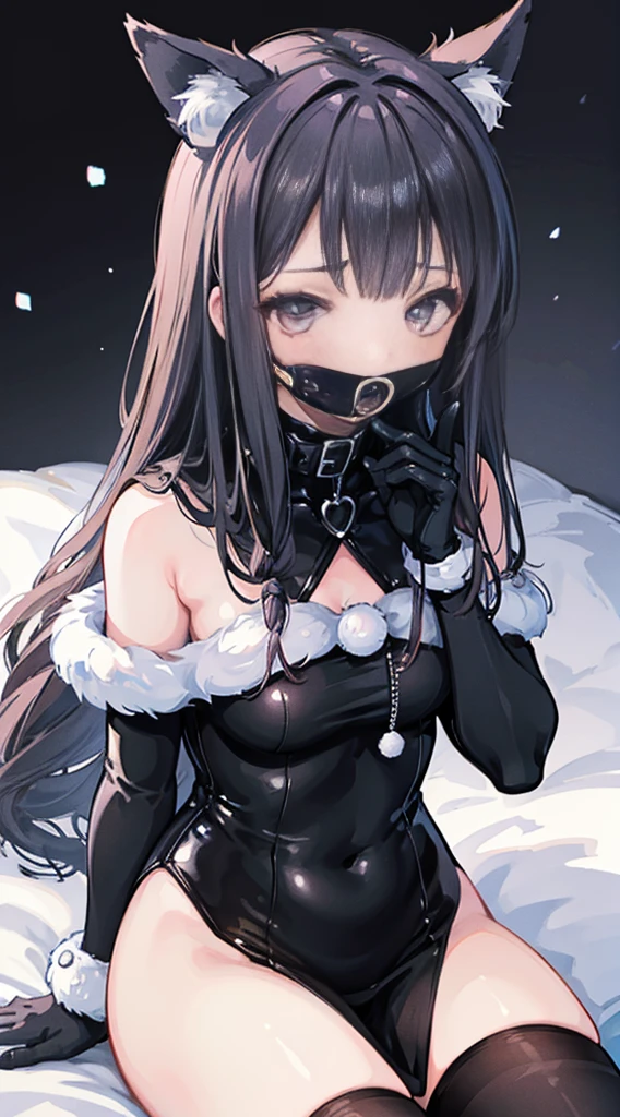 high quality, masterpiece, super detailed, 1 girl,  extremely detailed faces, gagged，gagged，Christmas black latex full body suit，black gloves，black christmas stocking tiara，gagged，BDSM,handcuffs，collar，Calm expression,Smile，handcuffs，collar，long black hair, Charming pink eyes, fox ears, ridiculously big, skin shiny, sitting on the snow，Cover your chest with your hands，Bright Christmas night scene