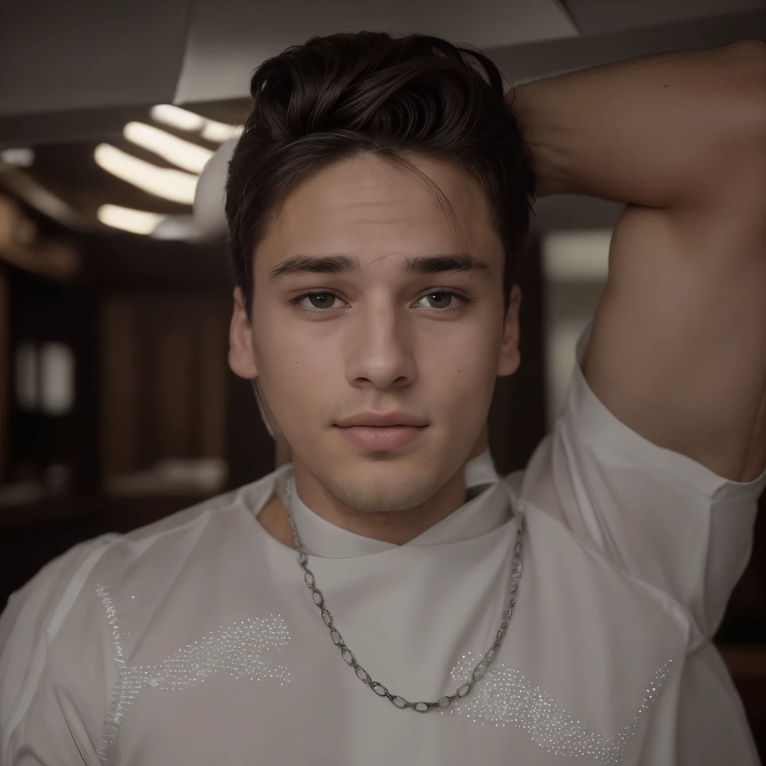 (RAW style, masterpiece, best quality, ultra-detailed), professional photo of a handsome 26-year-old male musician, crisp dress shirt, toned arms reveal defined muscles, head tilted in confidence, captivating eyes, inviting smile, warm and natural lighting, cinematic mood, high contrast, vibrant colors, (ultra high res), fine grain texture, exquisite detail, sharp focus, (cinematic look), bold and expressive, evoking a sense of raw talent and passion.
